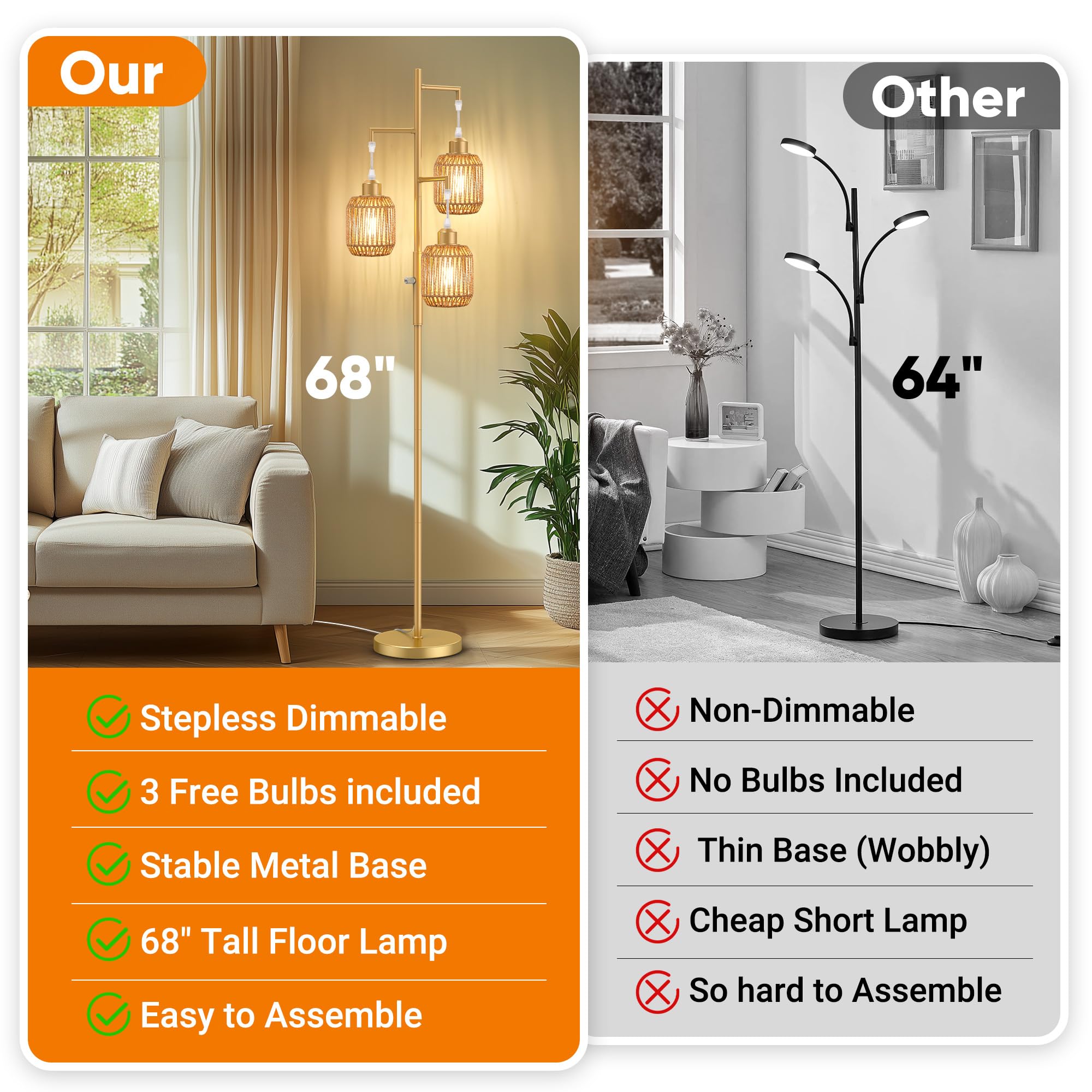 ROTTOGOON Dimmable Floor Lamp - 3 Light Rattan Lamp, 68in, Gold/Brown, Metal, Model ROFP125AJ1