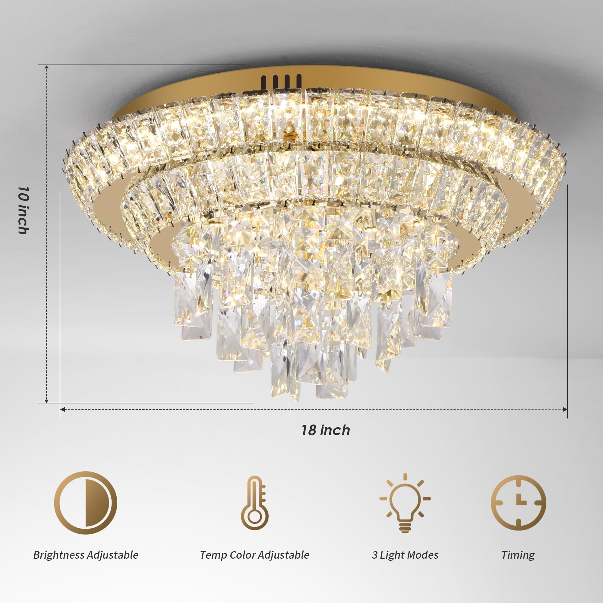 Redstar 18'' Crystal Gold Ceiling-Light Flush Mount With Remote Control, Colors Temp & Brightness Adjustable, Modern Crystal Rai