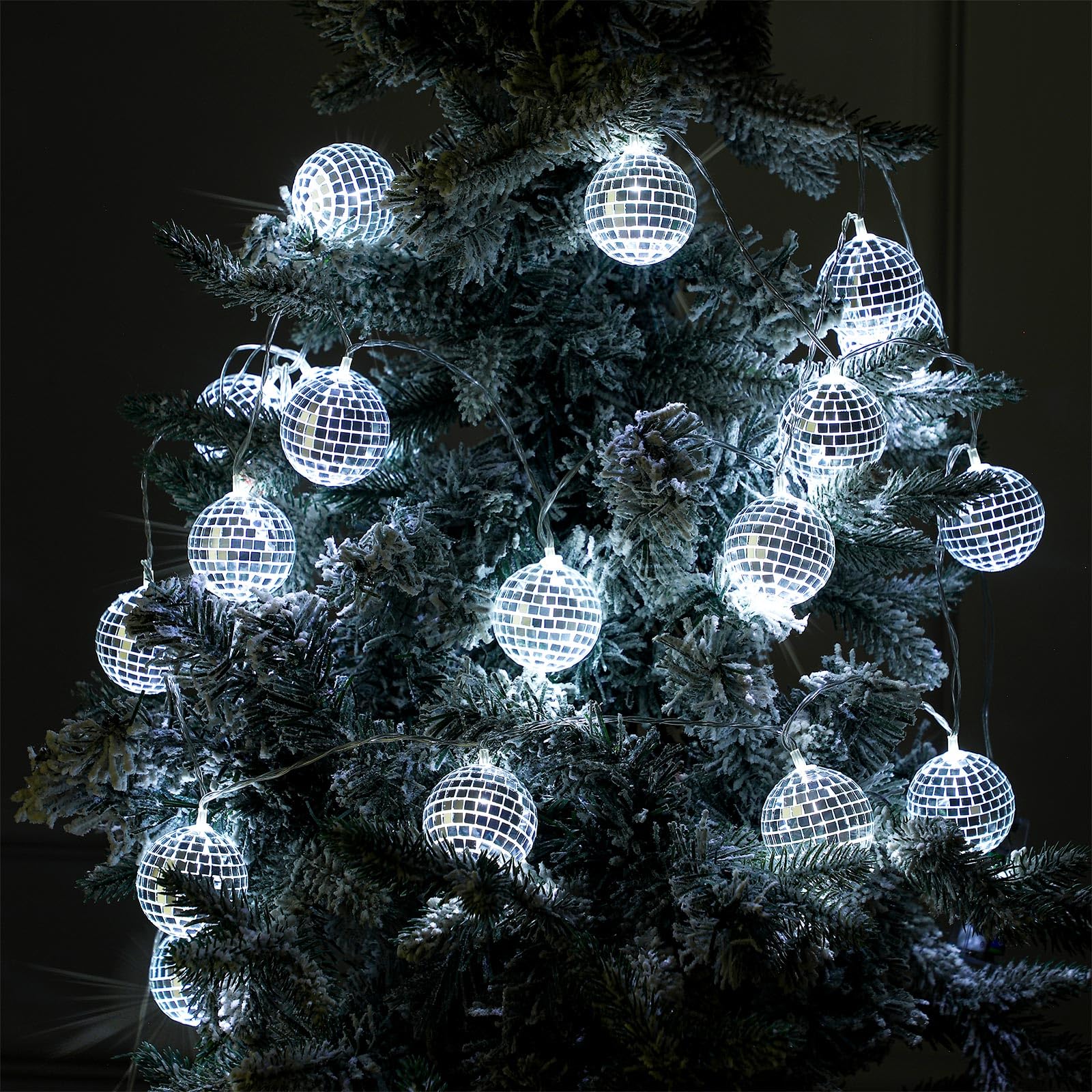 BBTO LED Disco Ball String Light Battery Powered, 9.84 ft Long, Silver White, 70s 80s Disco Party Supplies