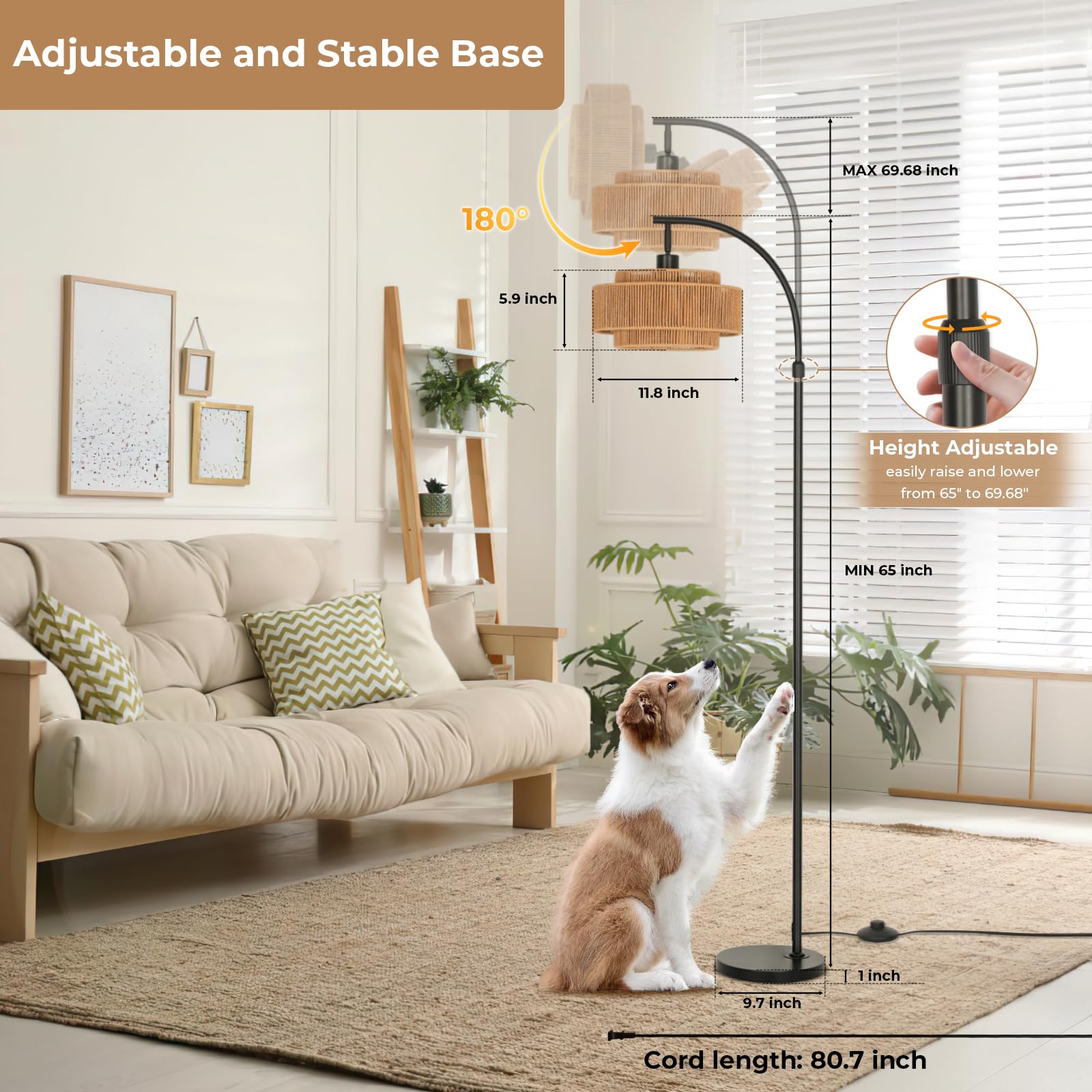 CASENKE Boho Rattan Floor Lamp: 70 Arc Tall Lamps with Remote and APP Control - Standing Black Floor Lampara with Dimmable LED B