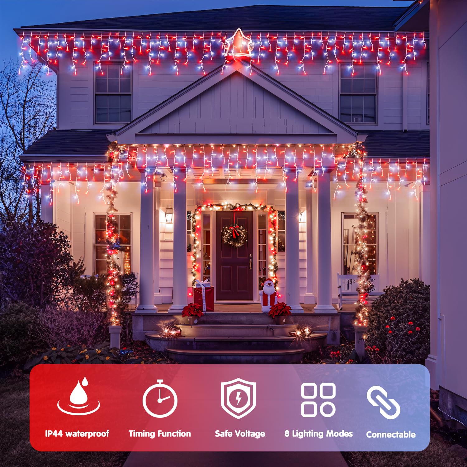 JMEXSUSS Icicle Christmas Lights, 400 LED, 38.8 Ft, 8 Modes, Red and White, Indoor/Outdoor, Model EXS-I-0400