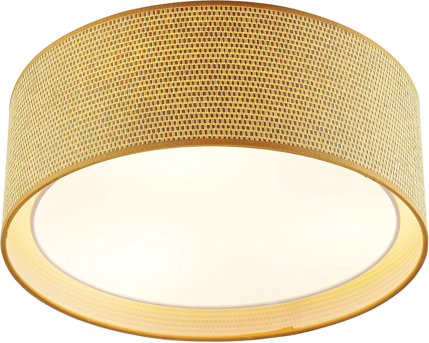 WINGBO 20in Modern 5-Light Flush Mount Ceiling Light Fixture, Fabric & Acrylic Double Drum Shade, Flaxen, Model WBFM-ZP30-YW-FBA