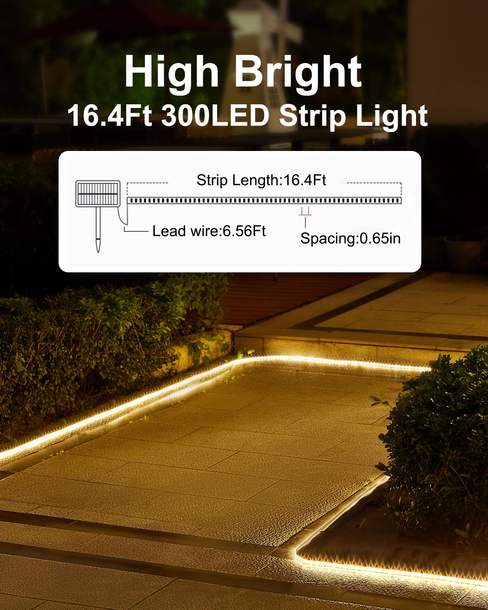 Luhlee 16.4Ft Solar Led Strip Lights, 300 Leds, Remote, 8 Modes, Warm White Outdoor Decor