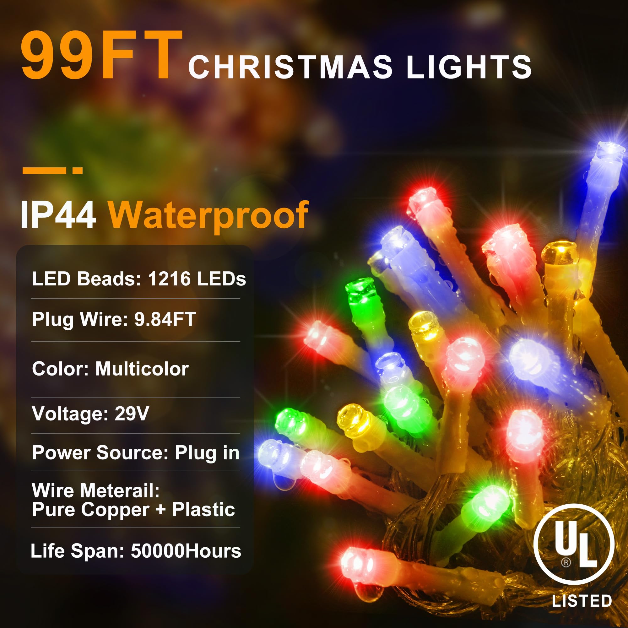 Knonew 99Ft 1216 Led Multicolor Christmas Lights - 8 Modes Curtain Fairy String Light Decor For Weddings, Parties, And Holidays