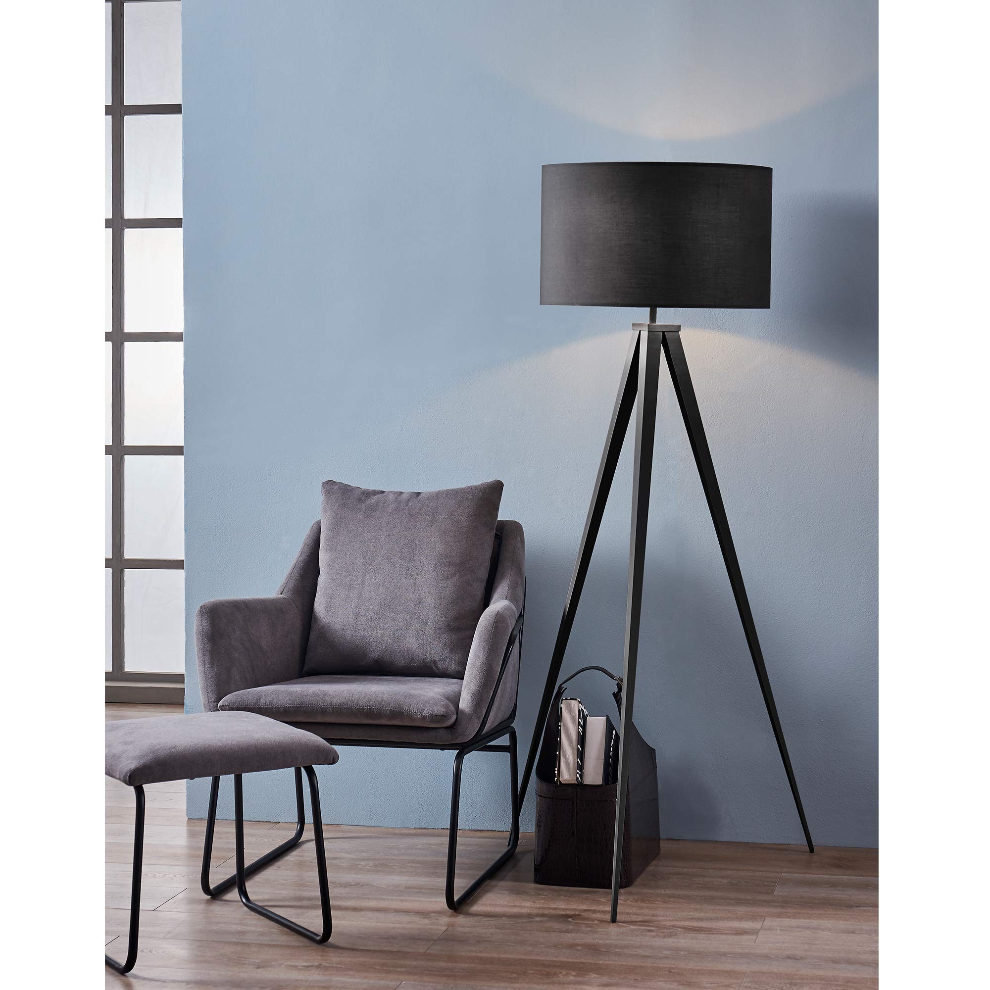 Teamson Home LED Tripod Floor Lamp, 60in Height, Metal, Black, Model VN-L00006, Drum Shade for Living Room, Study, Bedroom, Home Office