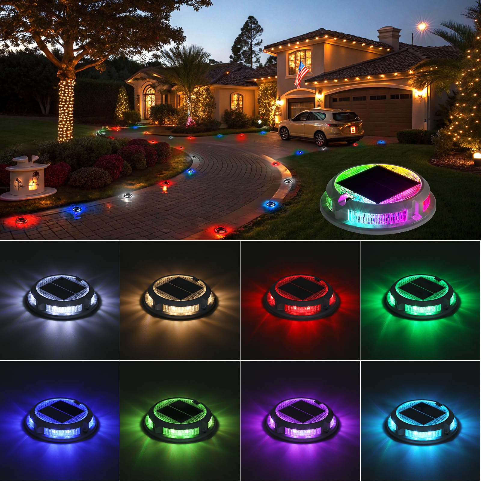 Solar Driveway Lights Outdoor 4 Pack  RGB Colors Solar Deck Dock Lights Outdoor Waterproof IP68  3 Dynamic Light Modes  Driveway Marker for Warning Stair  Boat Dock  Step  Walkway  Patio Decor