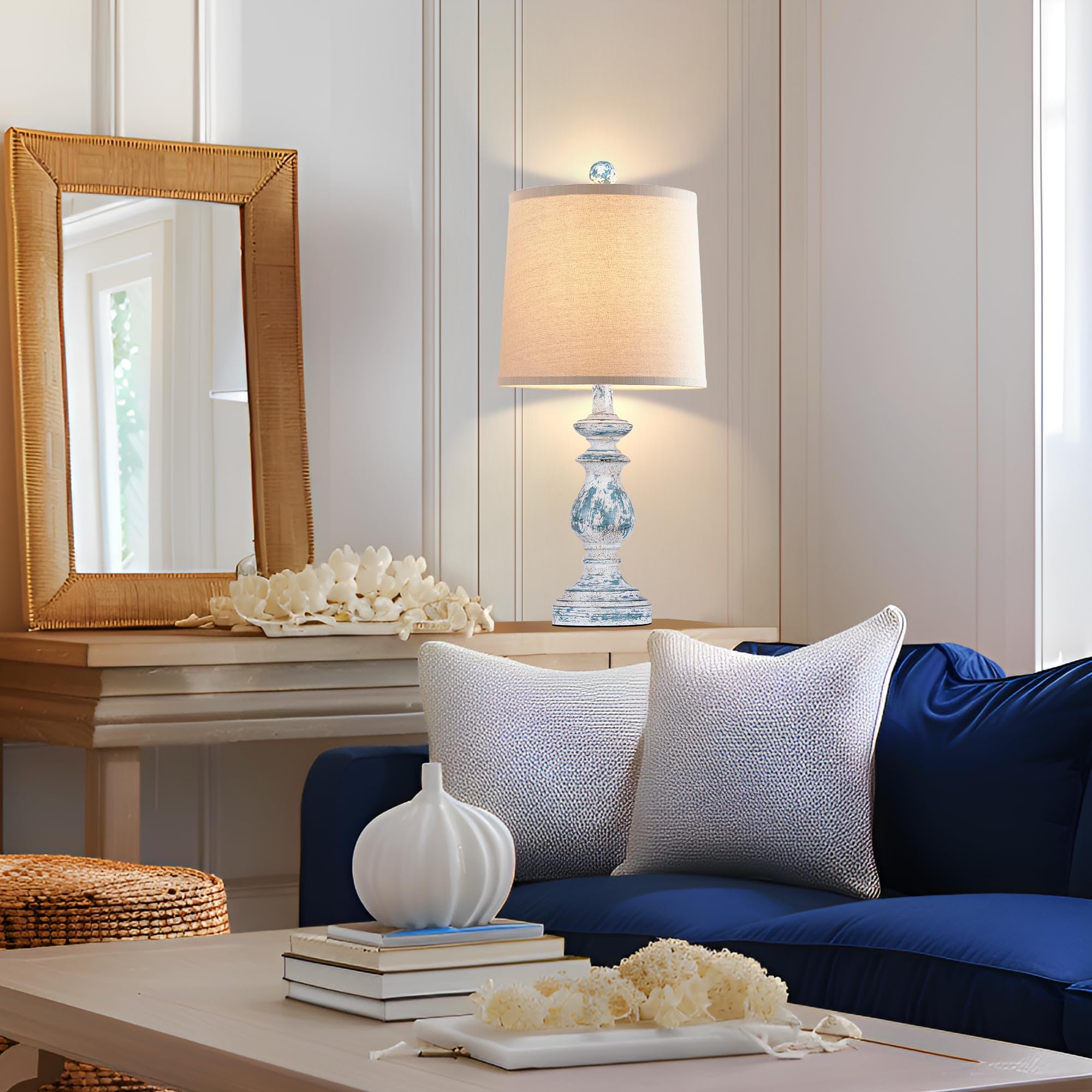PARTPHONER Traditional Table Lamp Set of 2, 22" Rustic Bedside Lamps, Washed Blue Resin with Linen Shades, Model STR-DL-0004