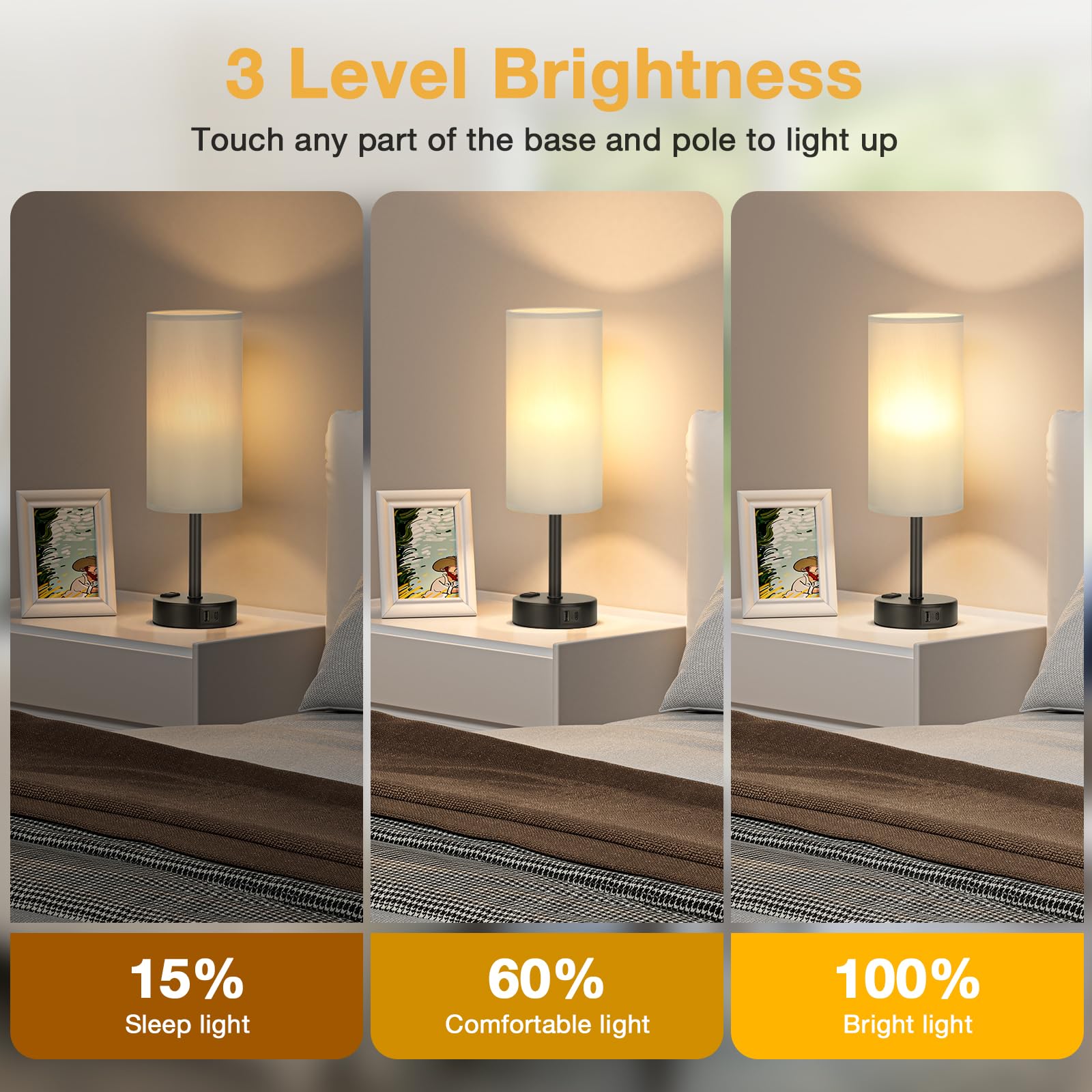 Grey Touch Table Lamps Set Of 2-3 Way Dimmable Bedroom Lamps For Bedside With Usb C And A Ports, Small Nightstand Lamps With Ac