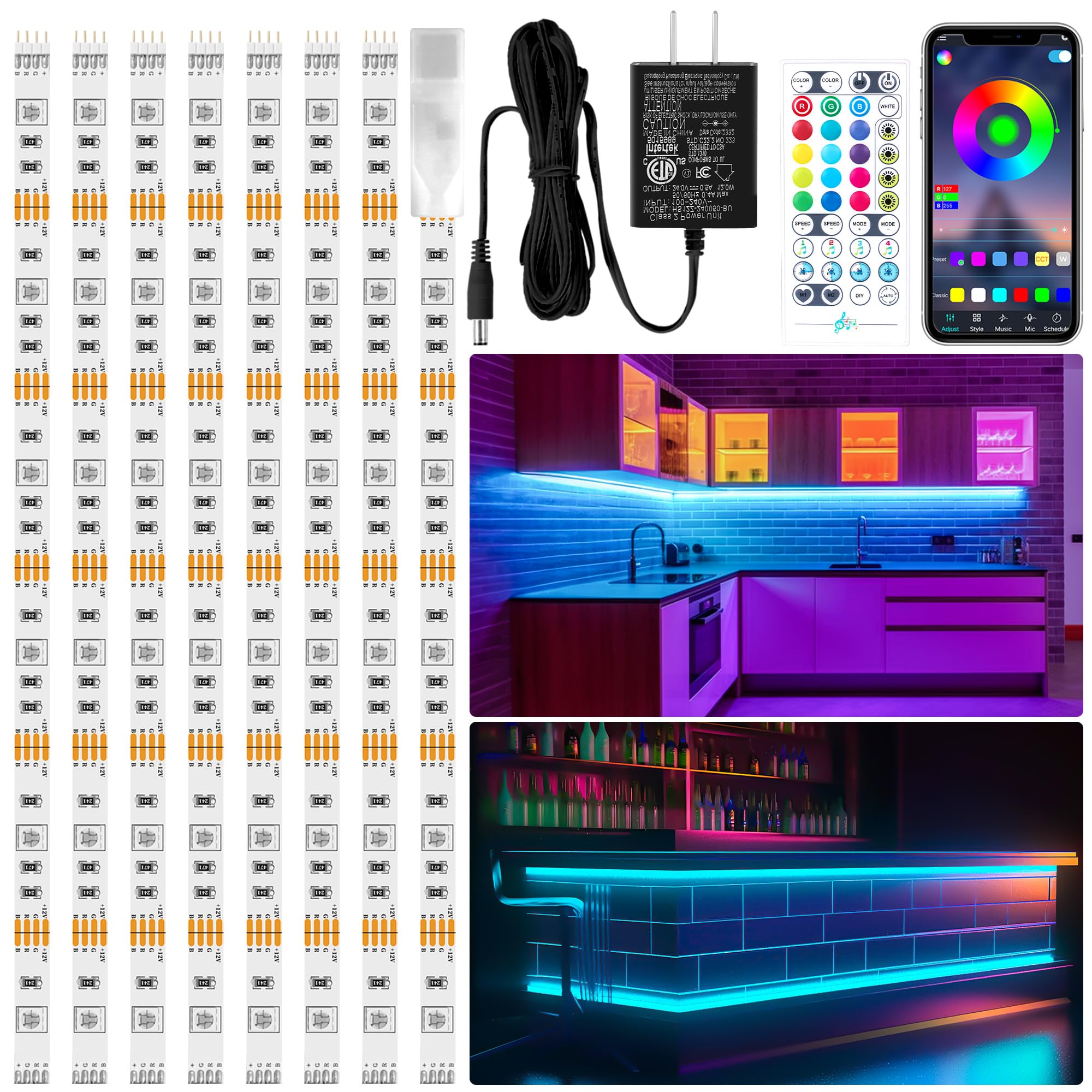 LAFULIT 8 PCS RGB Under Cabinet Lights Kit, App and Remote Control Led Strip Lights, Music Sync Color Changing Led Lights, Plug in Light for Cabinet, Counter, Shelf, Bookcase, 13ft