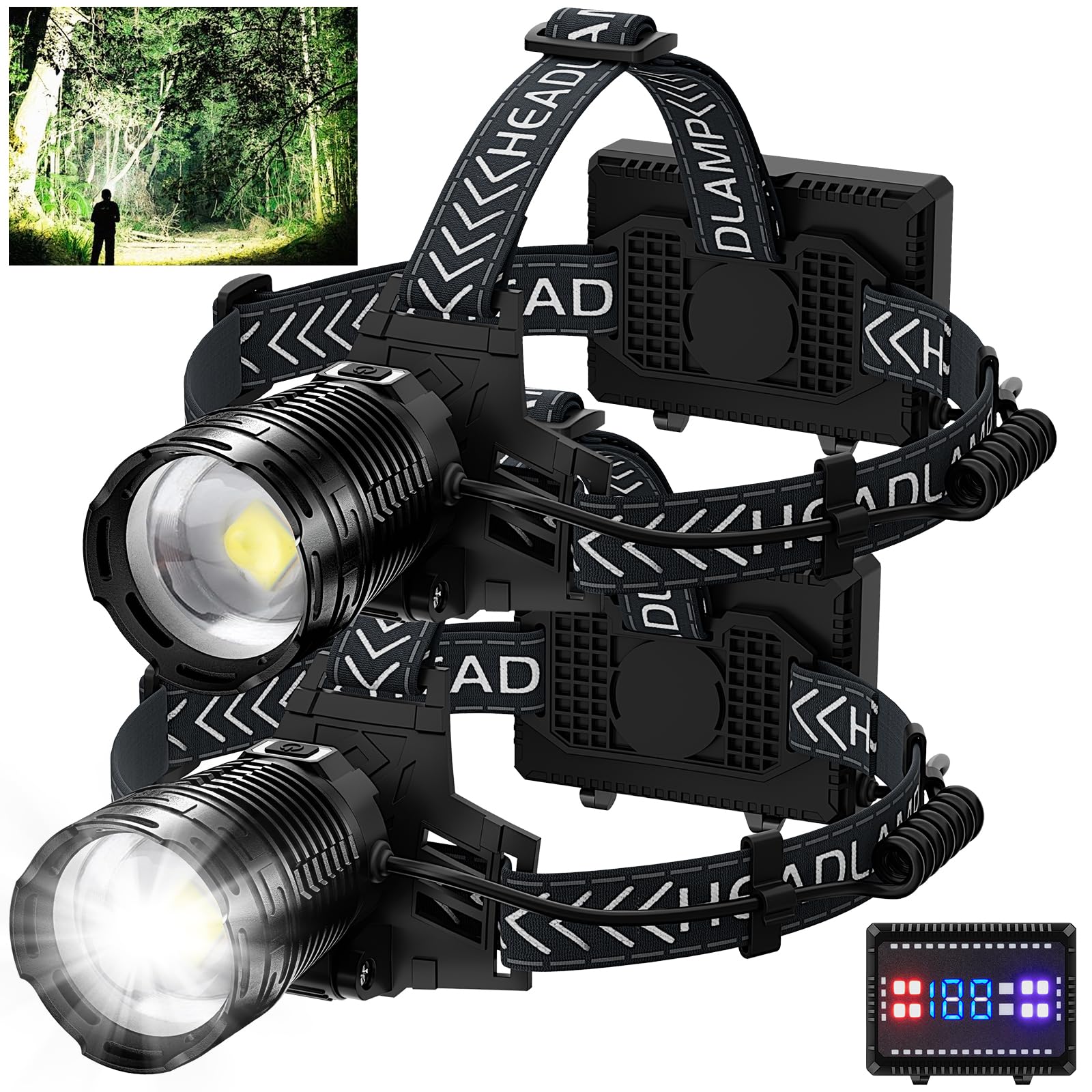 Headlamp Rechargeable, 2Pack 990000 Lumens Super Bright Led Head Lamp With 4 Modes, 90? Adjustable Head Lights For Forehead, Ipx