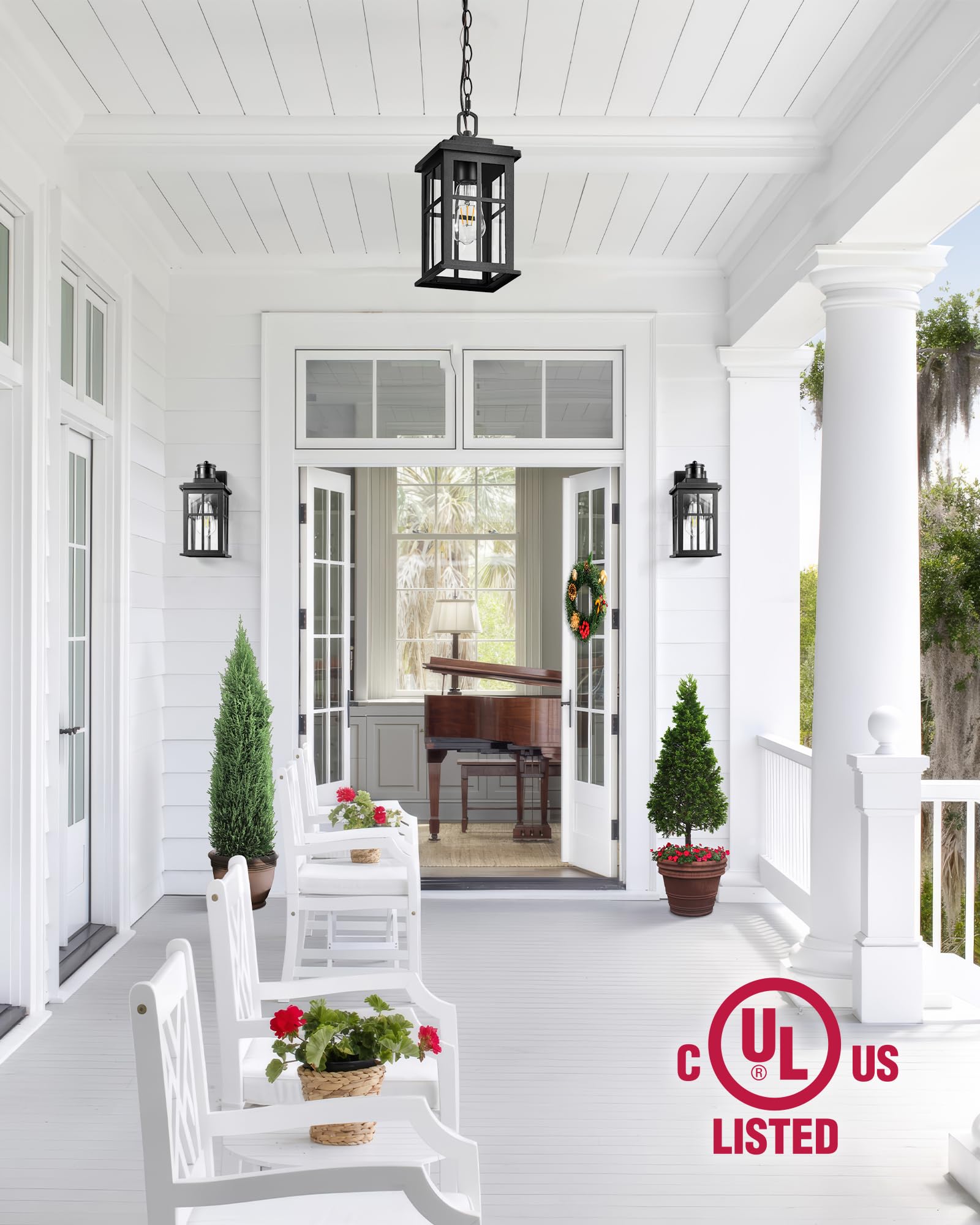 Opaxis Black Outdoor Pendant Lights For Porch, Modern Hanging Porch Light, Waterproof Outdoor Pendant Lights With Tempered Glass