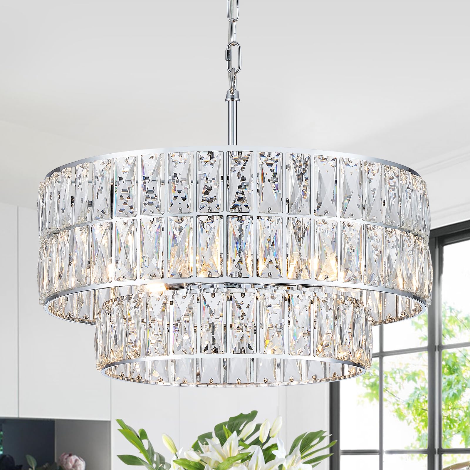 CATINER 20 Modern Crystal Chandelier Elegant 6-Lights Chrome Semi Flush Mount Ceiling Light Fixtures Round Crystal Pendant Chandelier for Living Room Dining Room Kitchen Foyer Bedroom