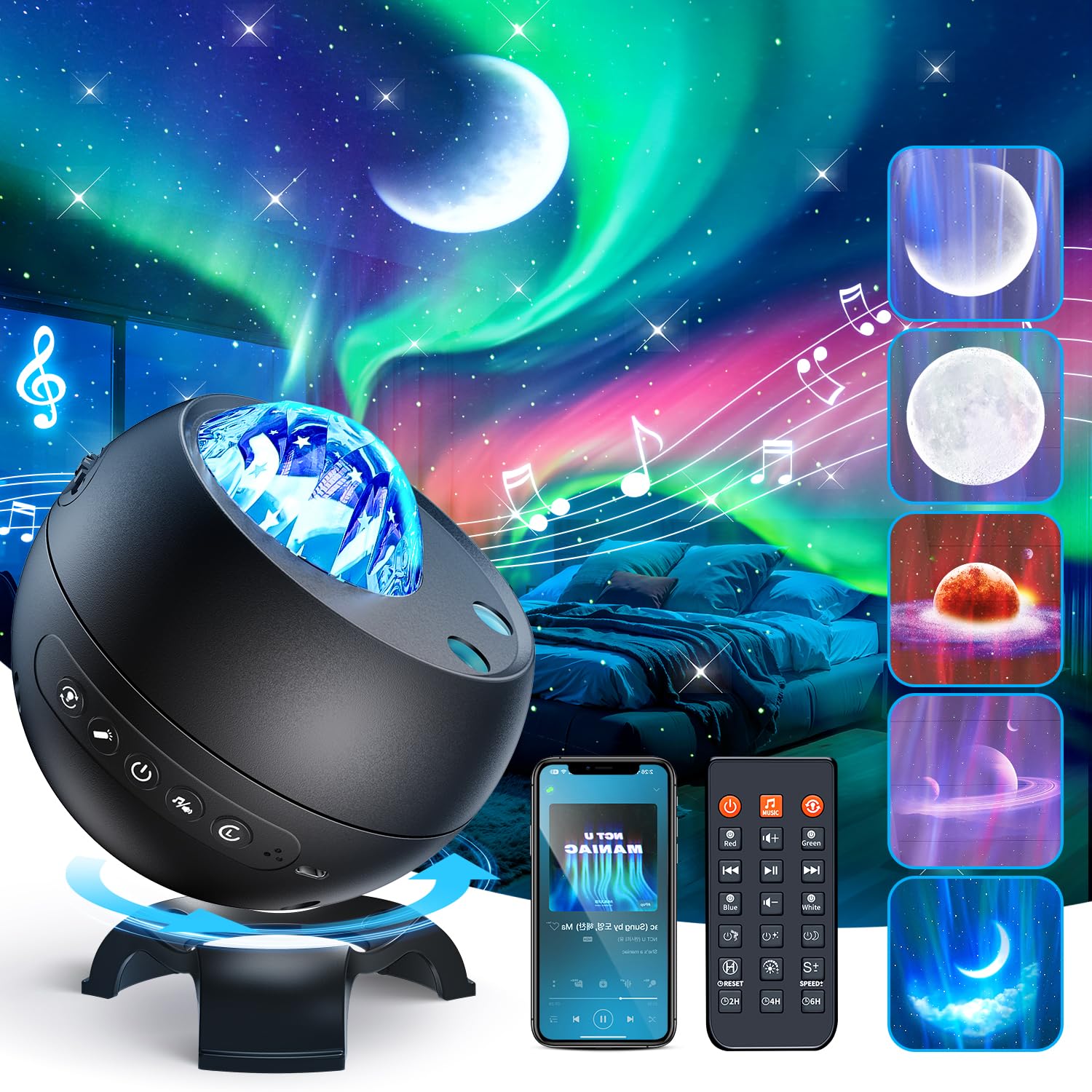 One Fire Galaxy Projector - 21 Colors, 15 White Noise, Bluetooth, Remote - Model WH-E12A, Black