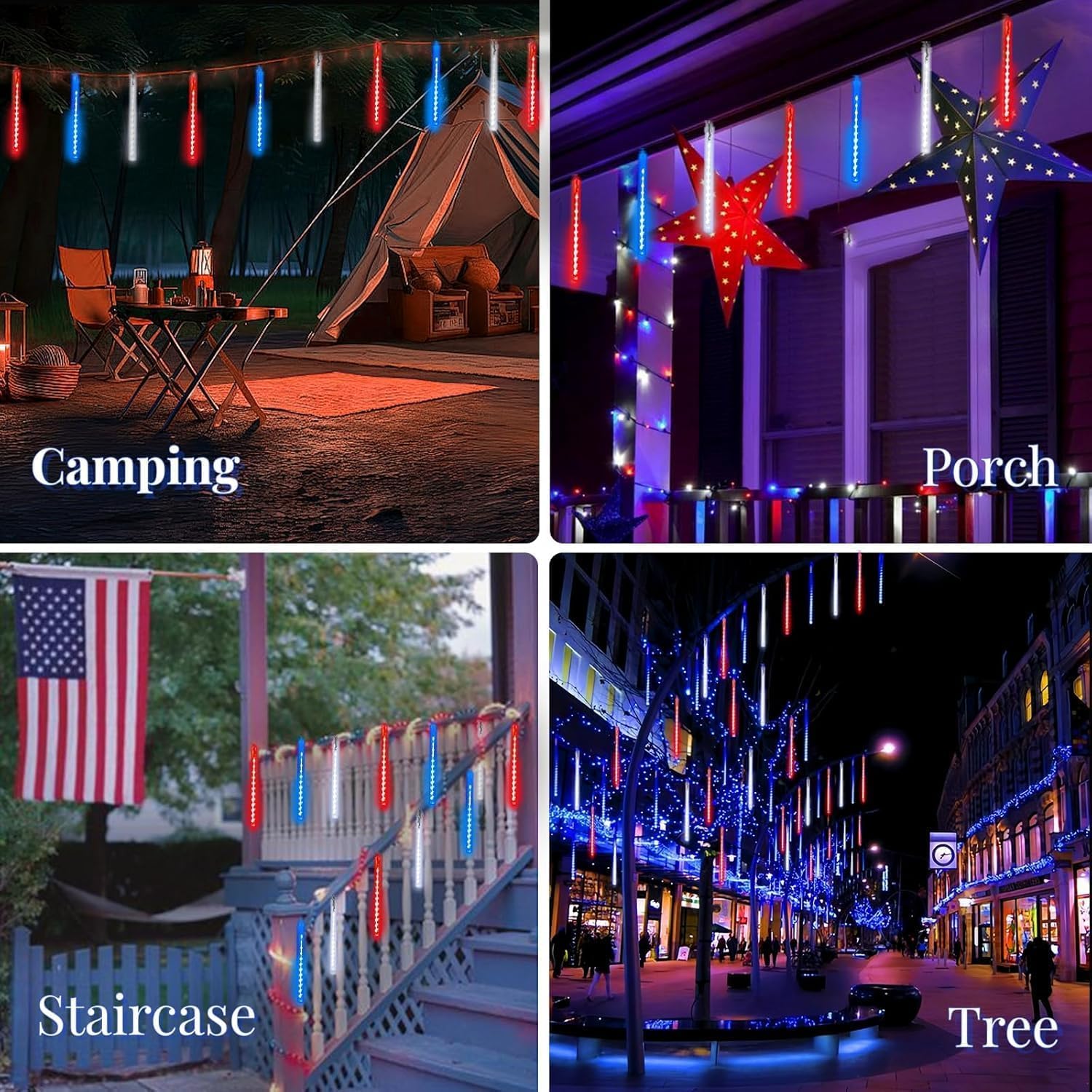 EXF 2-Pack Outdoor Christmas Decorations Lights, 432LED Meteor Shower, Timer, 30cm Tubes, Red White Blue
