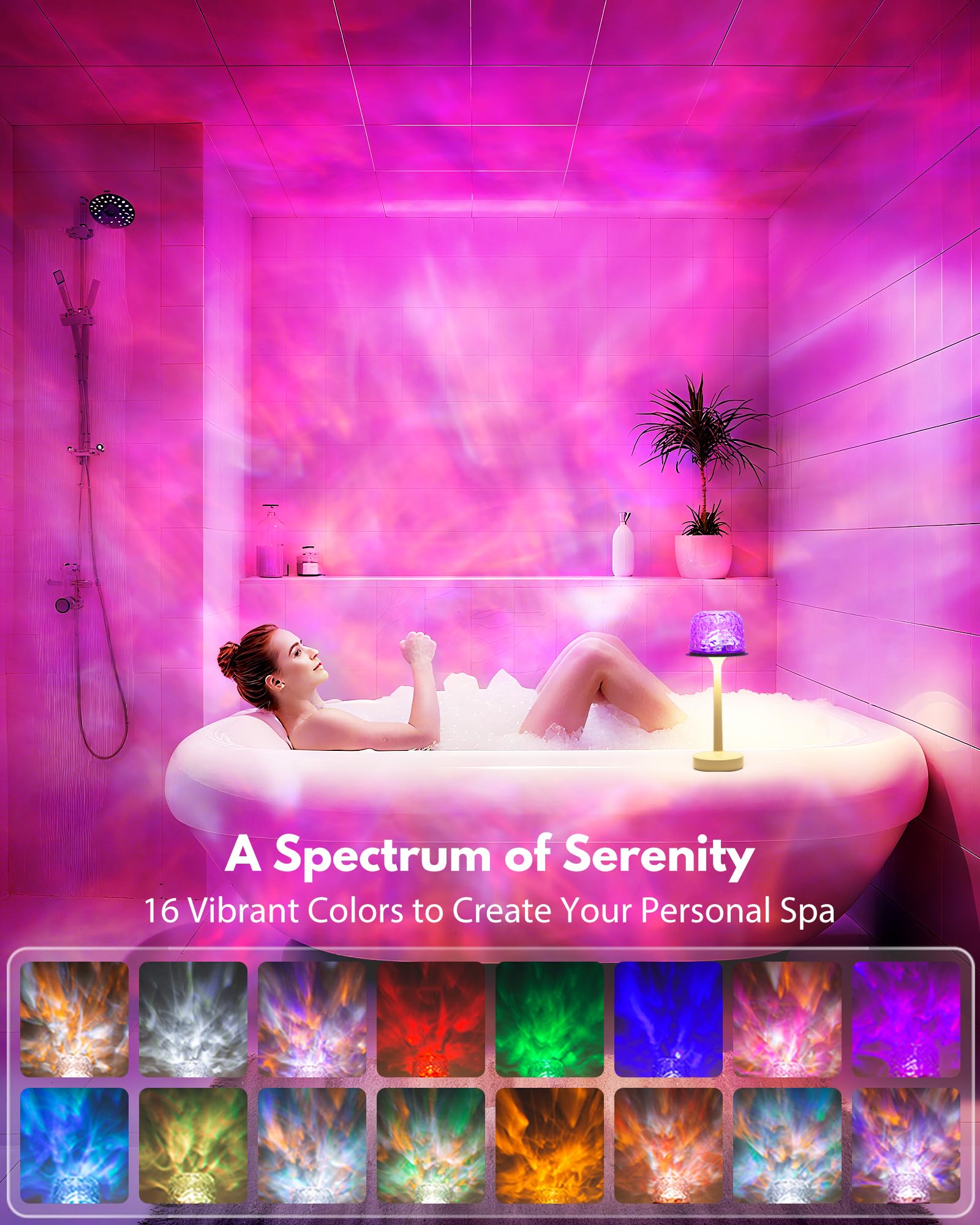 Funlenry Spa-Like Shower Lamp, Waterproof 16 Color Ocean Wave Projector, Rechargeable, 5x5x12.5 inches, Multicolor, Model CY/GY-01