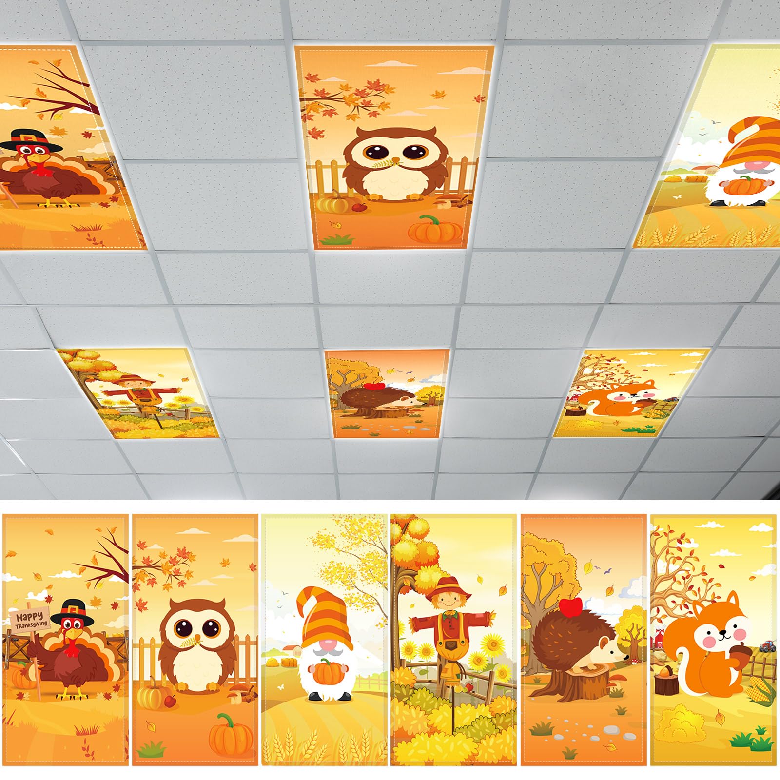 6 Pcs Fluorescent Light Covers with 60 Magnets Fall Animal Decorative for Classroom Ceiling Light 4 x 2 Feet Magnetic Lights Cov