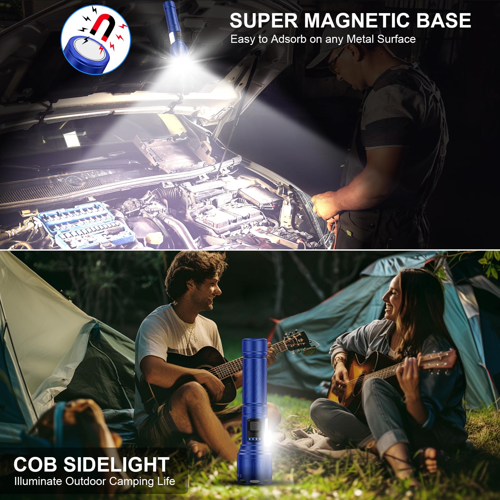Rechargeable Magnetic Flashlights 100,000 High Lumens, Super Bright Led Powerful Flashlight 8 Modes With Cob Work Light, Waterpr