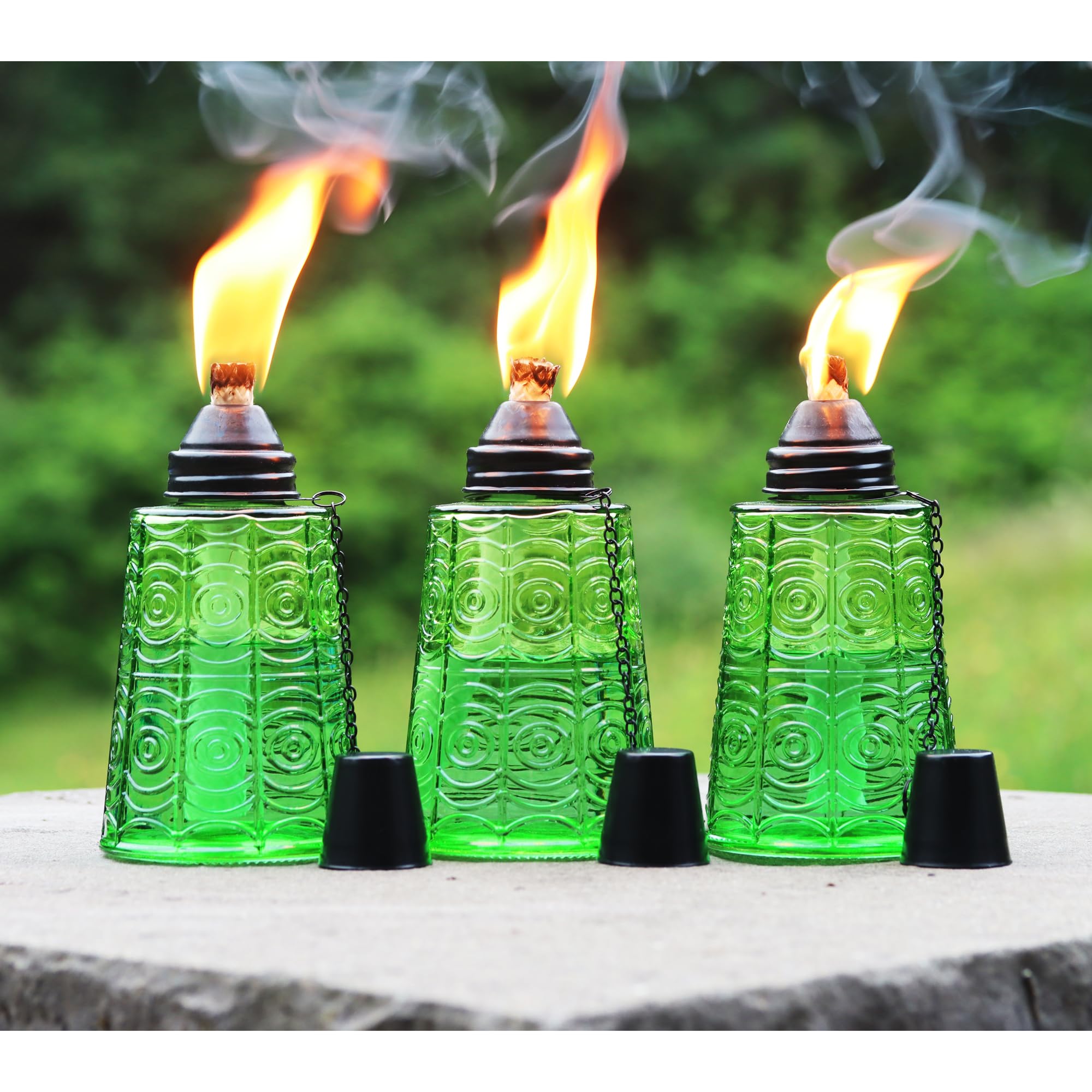 Seraphic Citronella Tiki Torches Set of 3, 16oz Decorative Glass, Green for Outdoor Patio, Deck, Garden, Parties