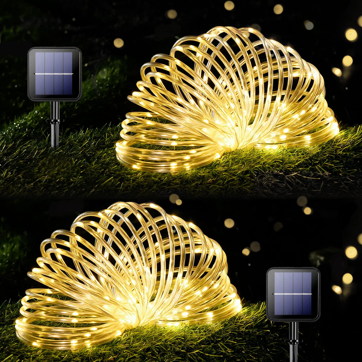Potive 33Ft 100 Led Solar Rope Lights, Warm White Solar Powered Rope Lights, 8 Modes Solar Rope Lights Outdoor Waterproof For Tr