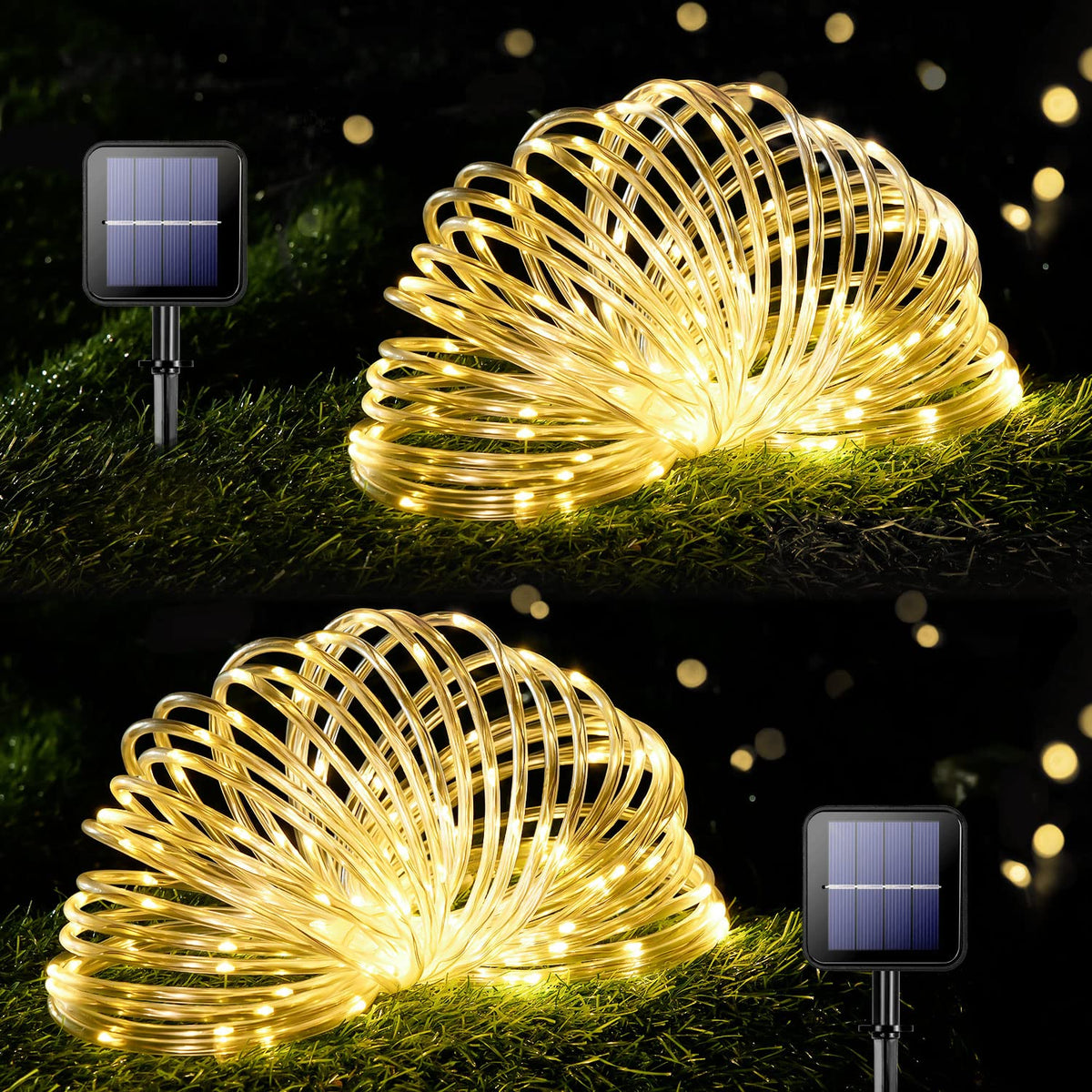 Potive 33Ft 100 Led Solar Rope Lights, Warm White Solar Powered Rope Lights, 8 Modes Solar Rope Lights Outdoor Waterproof For Tr