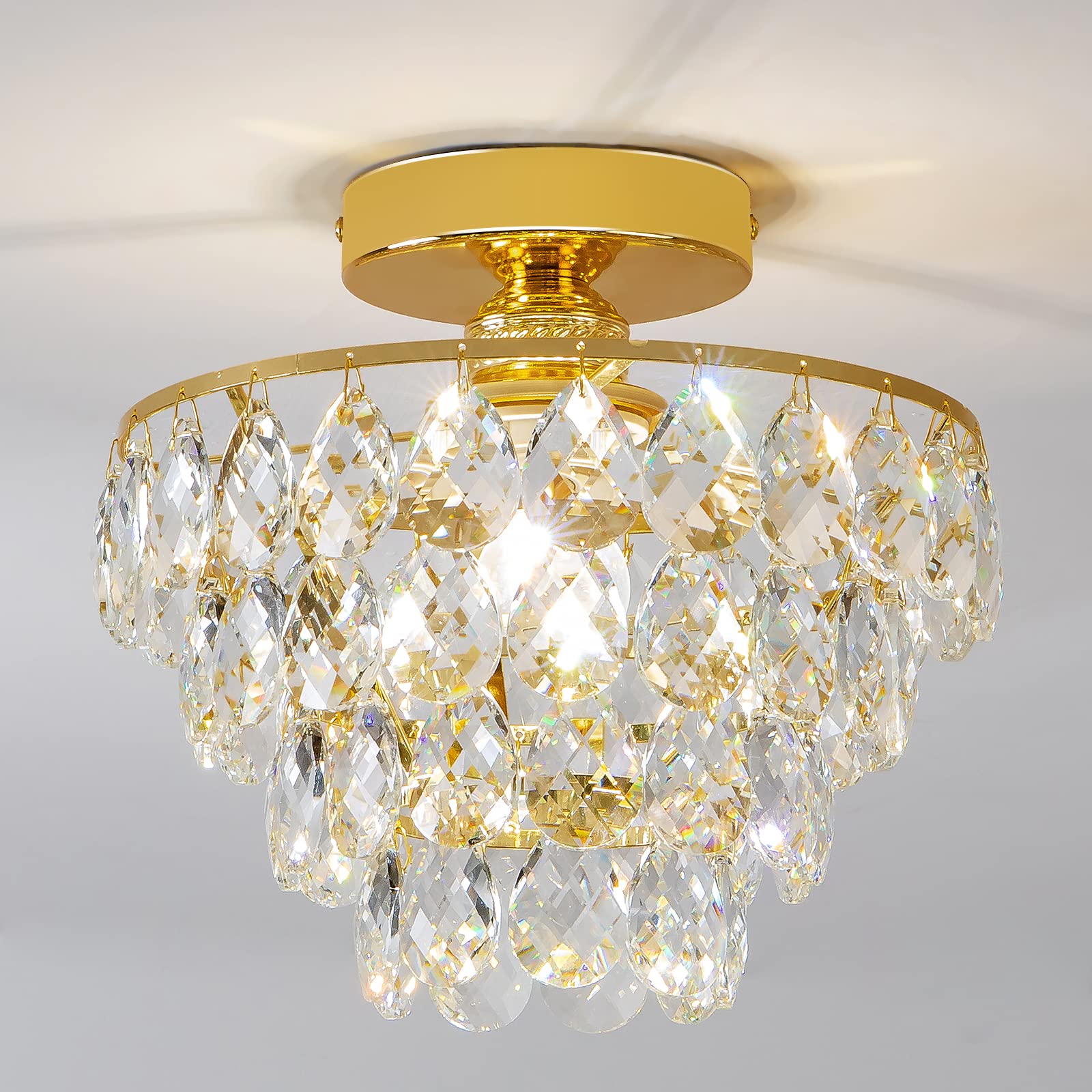 Modern Gold Crystal Chandeliers, Mini Flush Mount Ceiling Light Fixture, Close To Ceiling Lamp Fixture For Hallway Bedroom Bathr