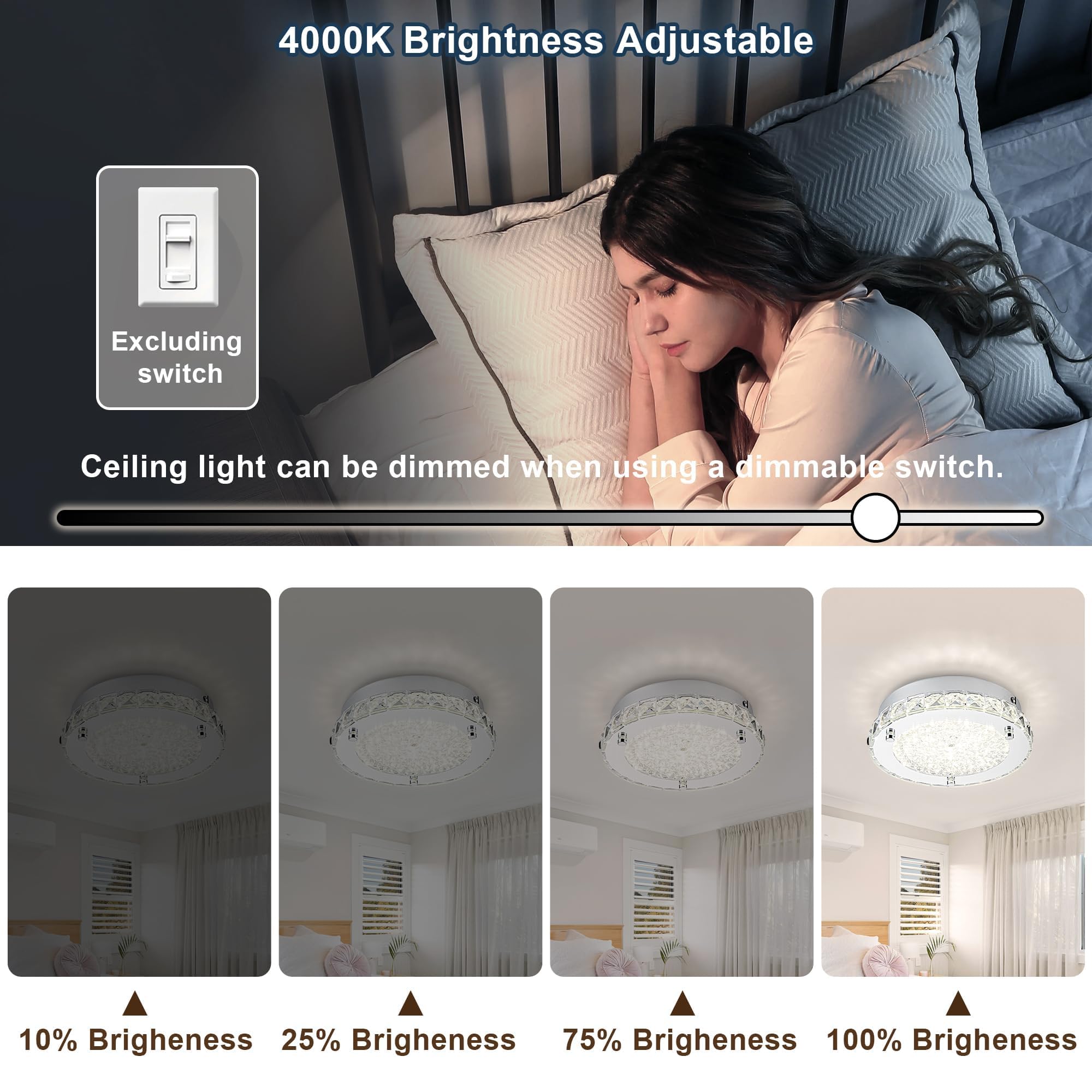 Lzawvm Crystal Ceiling Light Fixture Flush Mount Super Bright Round Ceiling Mounted Light 4000K Dimmalbe For Living Room Bathroo