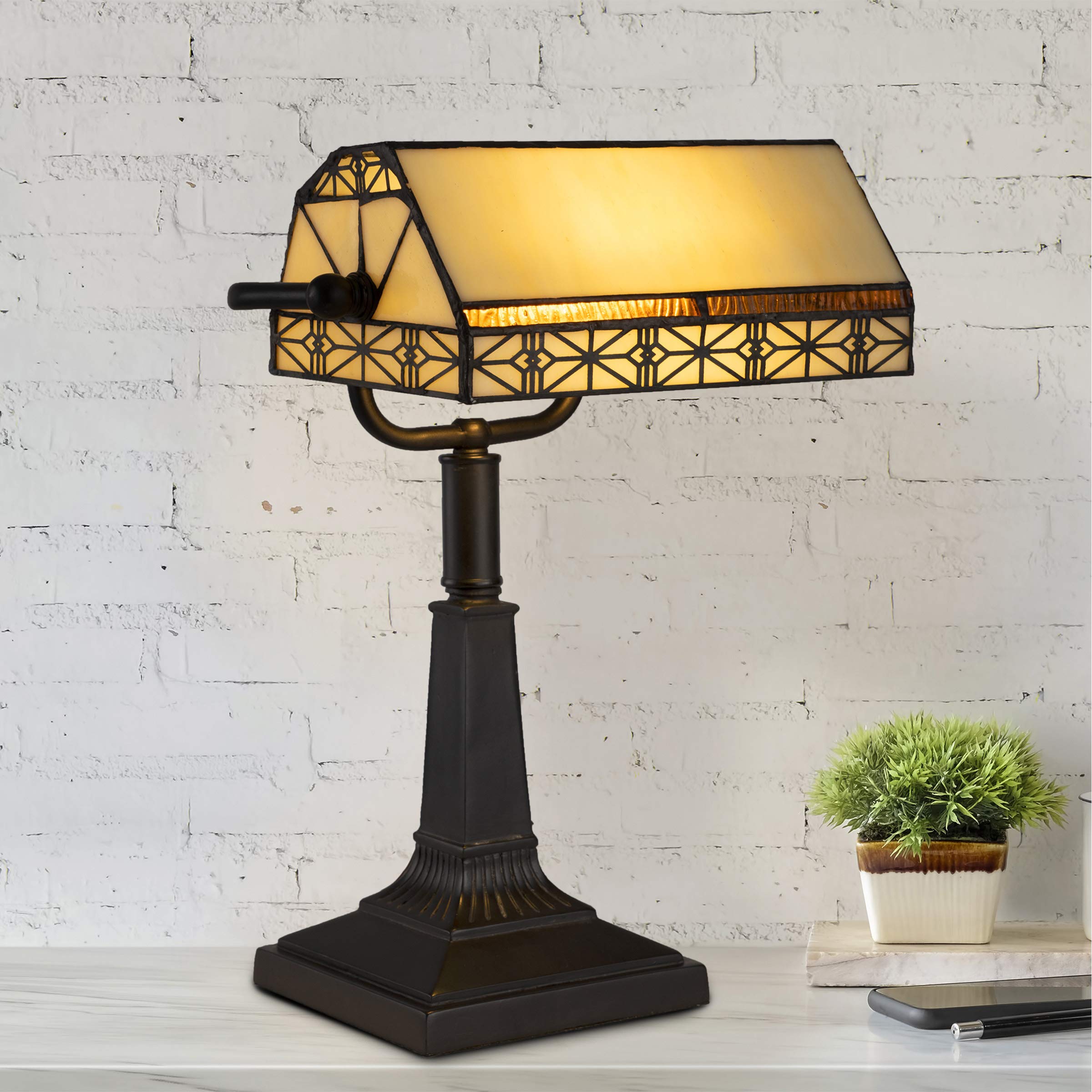Lavish Home Tiffany-Style Bankers Lamp, Wrought Iron, Dark Brown, LED, 10.5in x 11in x 16in, Model 224656MXG
