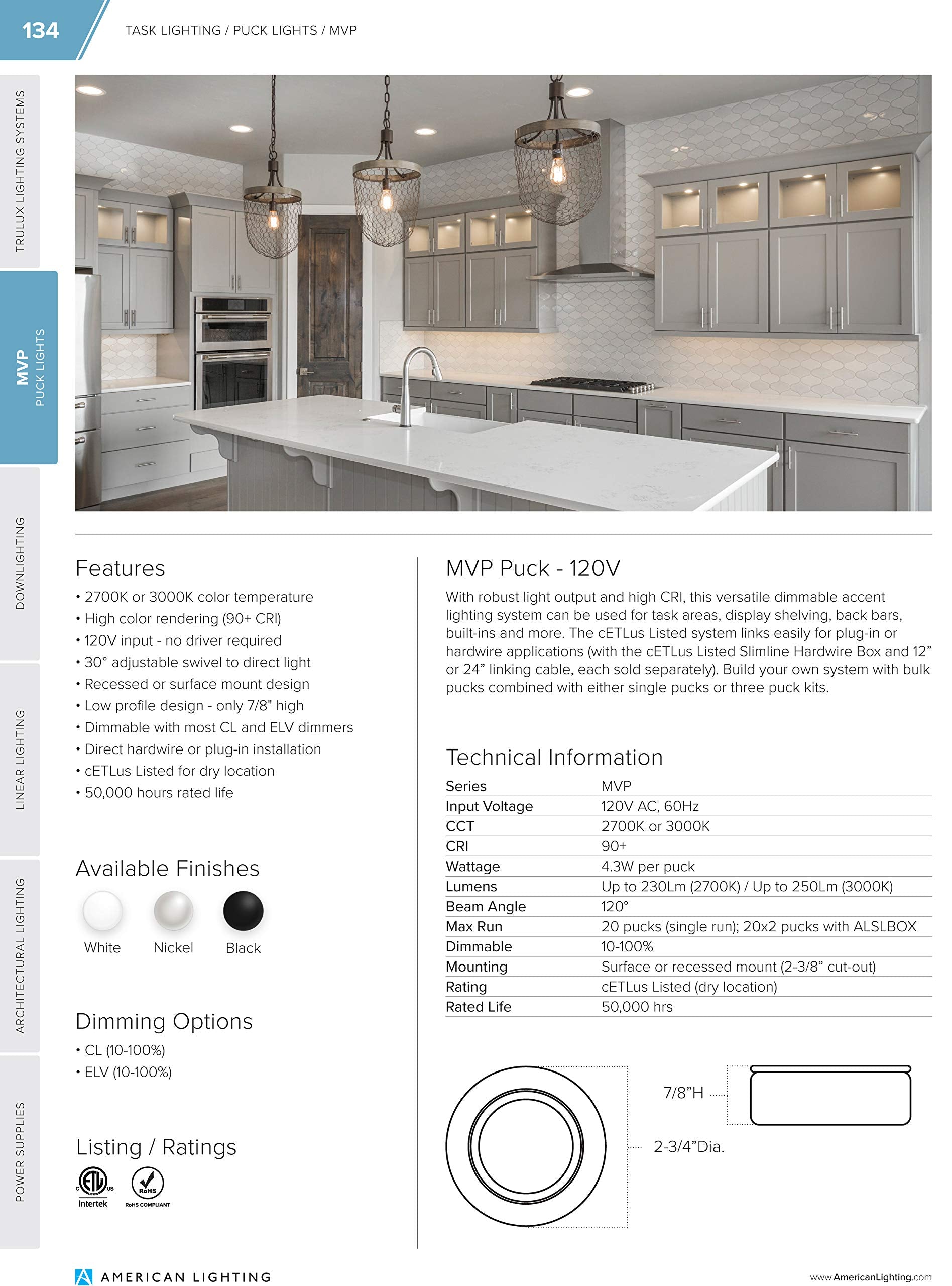 Mvp Three Puck Kit With Roll Switch And 6 Foot Power Cord, Dimmable Swivel Led Puck Lights, Linkable, Cetlus Listed, 2-3/4-Inch,