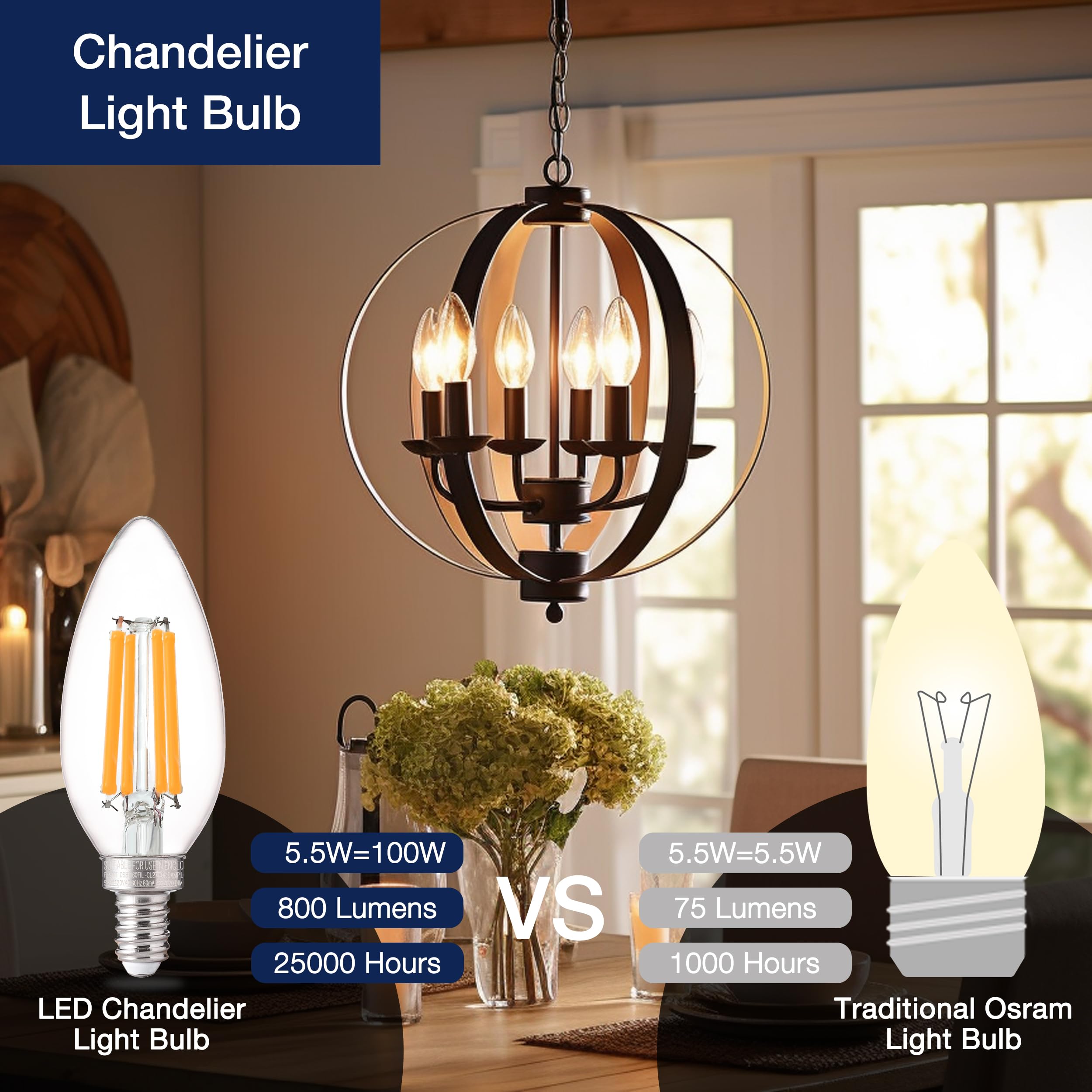 Flsnt 100W Equivalent Led Candelabra Bulbs, 800Lm Dimmable B11 E12 Led Chandelier Light Bulbs, 5.5W, 2700K Soft White, 6 Pack