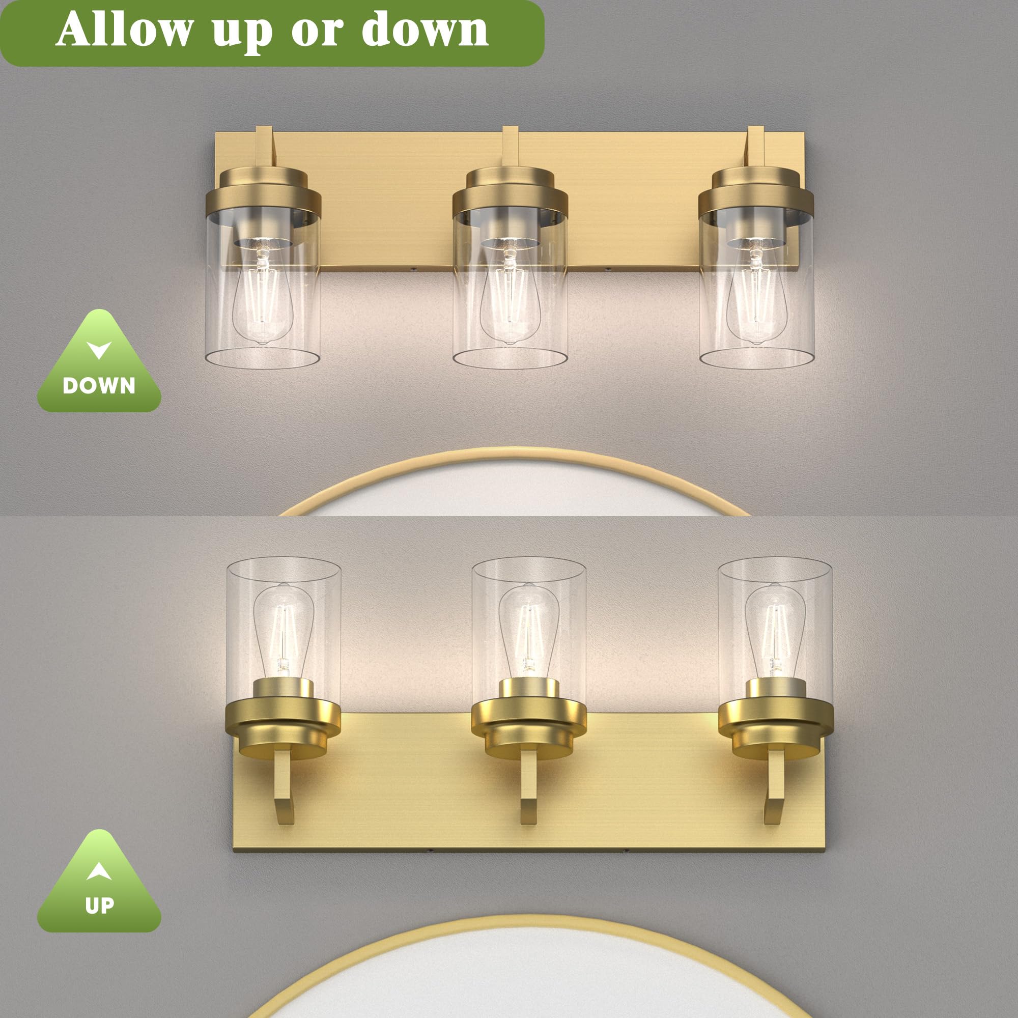 Espird 3-Light Bathroom Vanity Lighting Fixtures, Brass with Glass Shades, Model L08-3-TONG