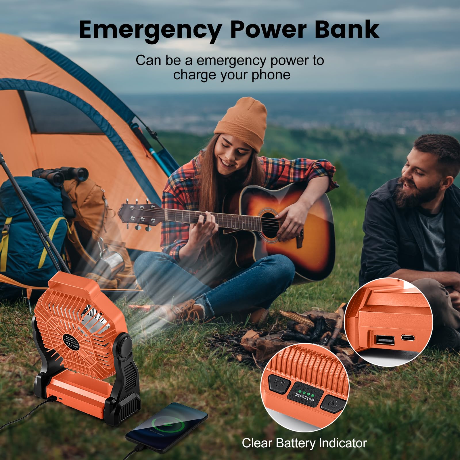 Odoland Rechargeable Camping Fan with 20000mAh Battery, LED Lantern, Portable Design, Orange, Model OD0729E
