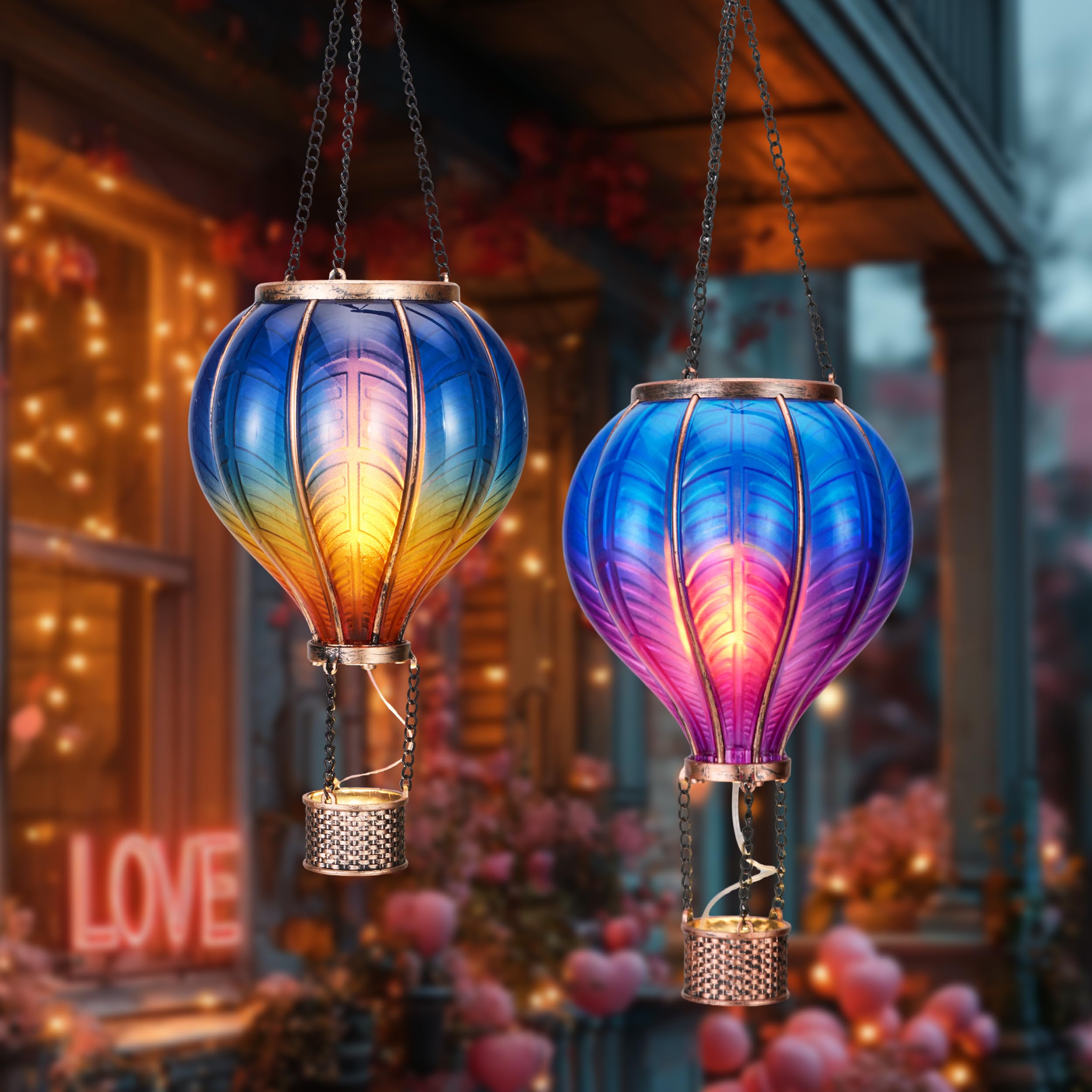 Teresa'S Collections 2 Pack Hanging Solar Lantern Outdoor Garden Decor For Valentine,Waterproof Plastic Hot Air Balloon Blue Fli