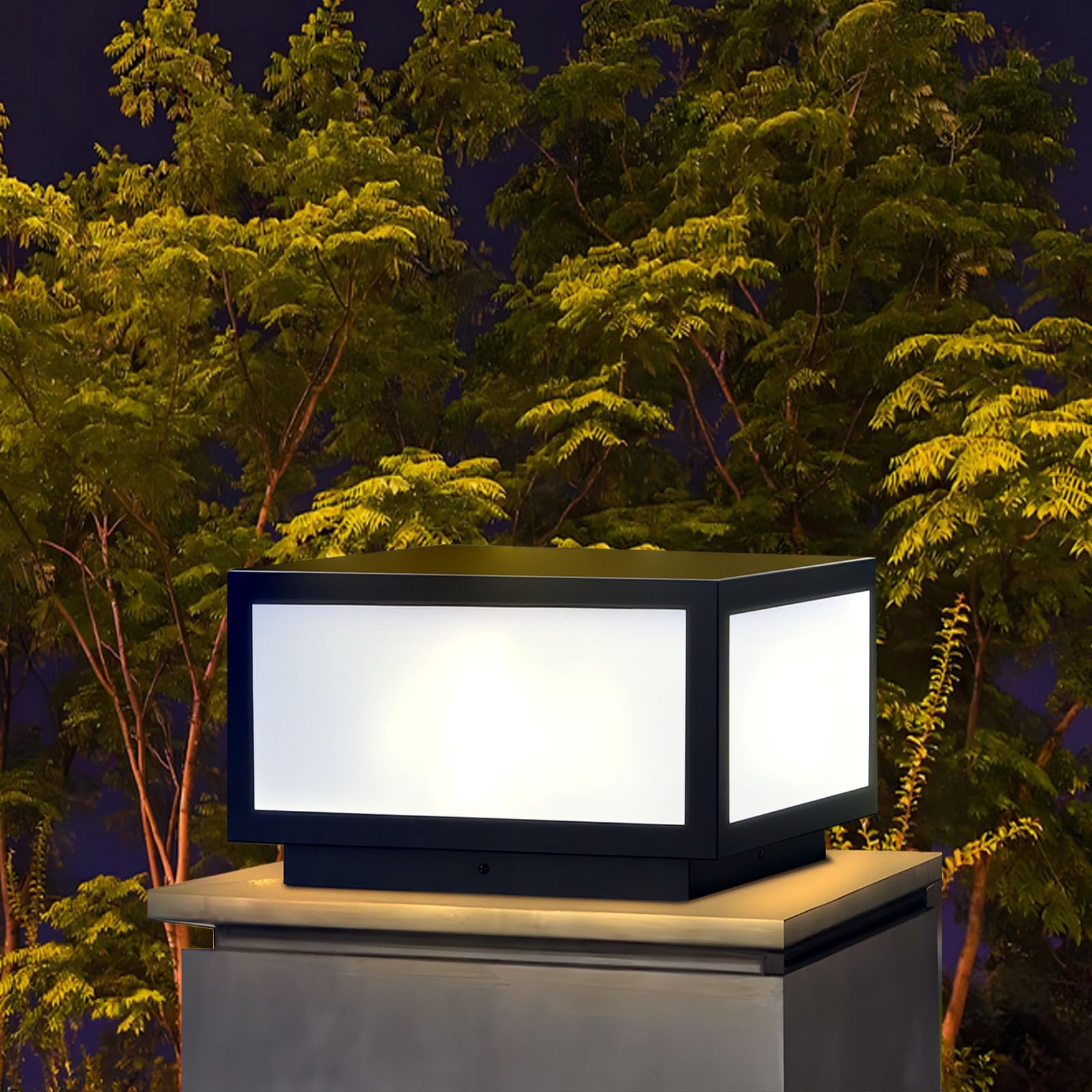 JHOTEC Outdoor Post Light, LED Lantern for Patio Garden, Stainless Steel, 10 X 10 Inch, High Voltage Wired, Model LZ-PZTD