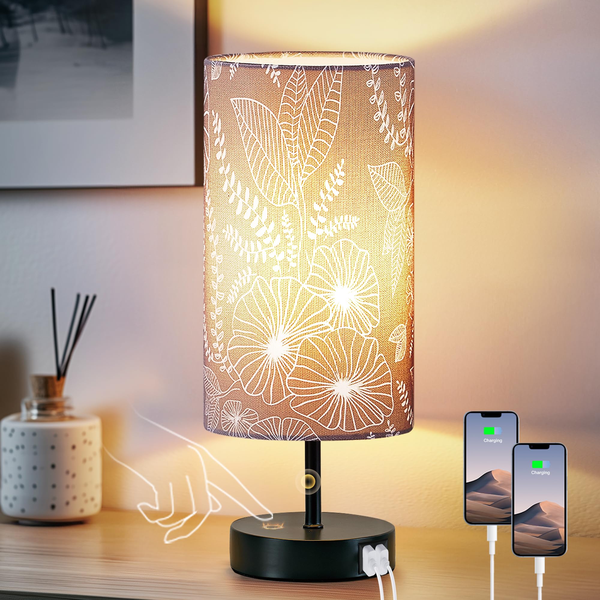 Bedside Table Lamp with 2 USB Ports, Modern Touch Control Desk Lamp with Round Flower Flaxen Fabric Shade, 3 Way Dimmable Small 