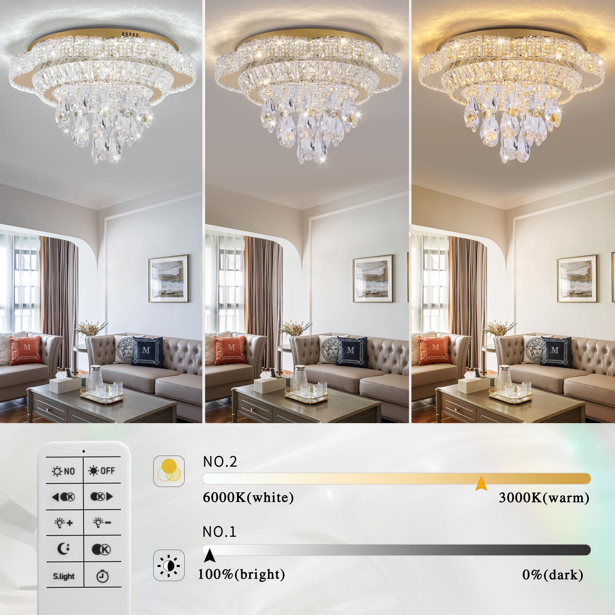 OSGNER 18" Gold Crystal LED Ceiling Light with Remote Control, Dimmable Flush Mount Chandelier for Living Room, Bedroom, Dining Room - Model X505-18-GD