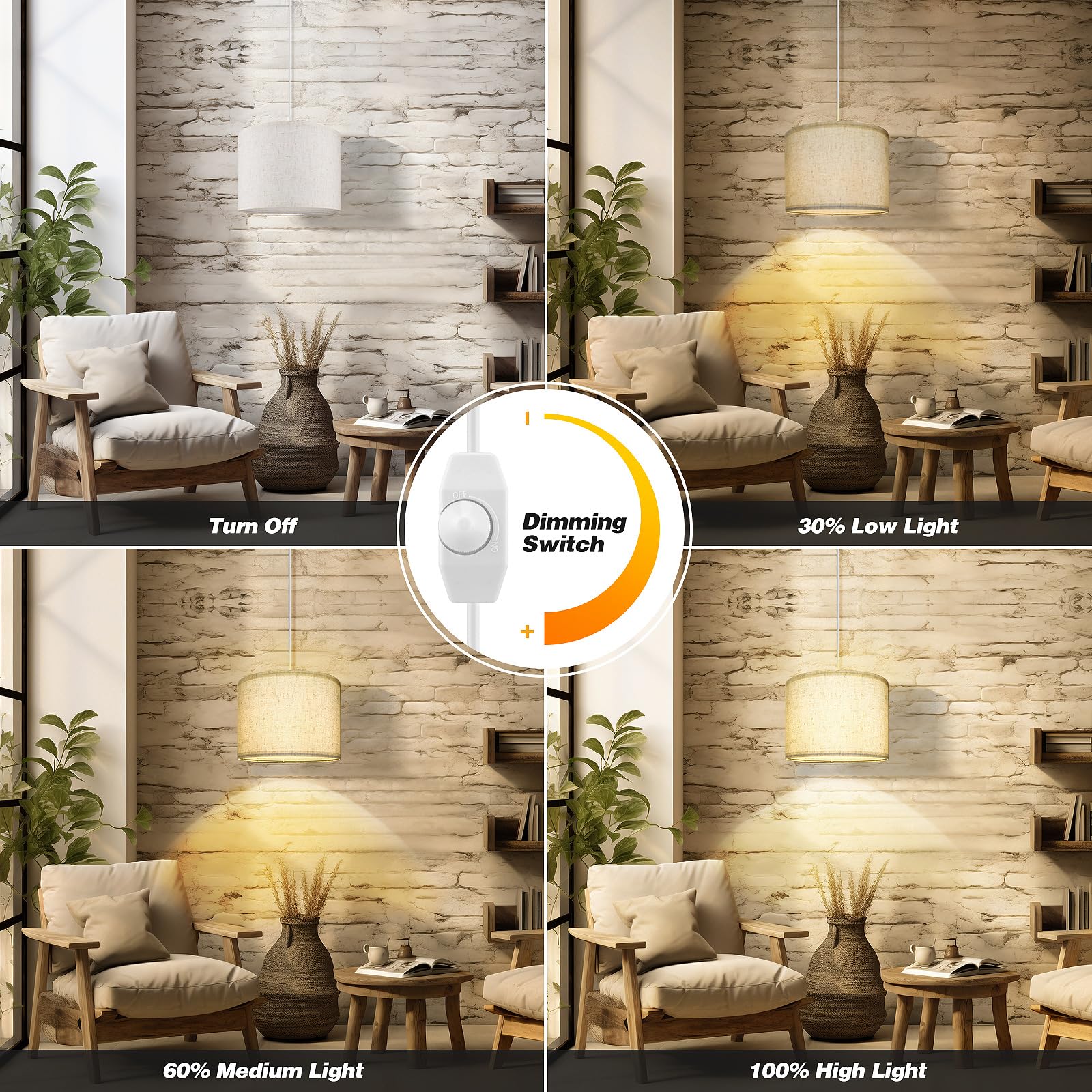 Wimisom Plug In Pendant Light,15 Ft Hanging Lamp With Plug In Cord, Dimmable Switch, Pendant Lighting With Fabric Shade, Hanging