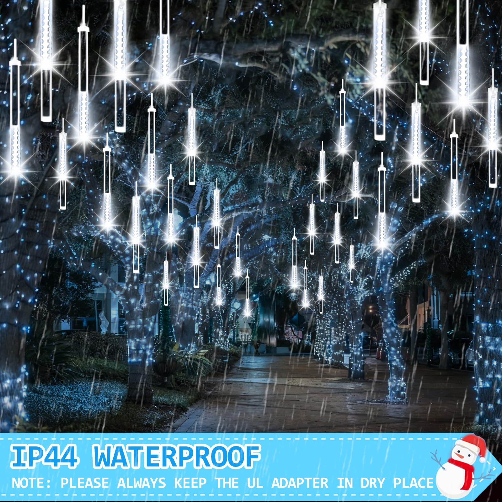 2-Pack Christmas Lights Outdoor  16Tubes 384Leds Extendable Meteor Shower Lights  Falling Rain Light Waterproof Plug In Tree Light For Christmas Backyard Garden Patio Xmas Decoration (Cool White)