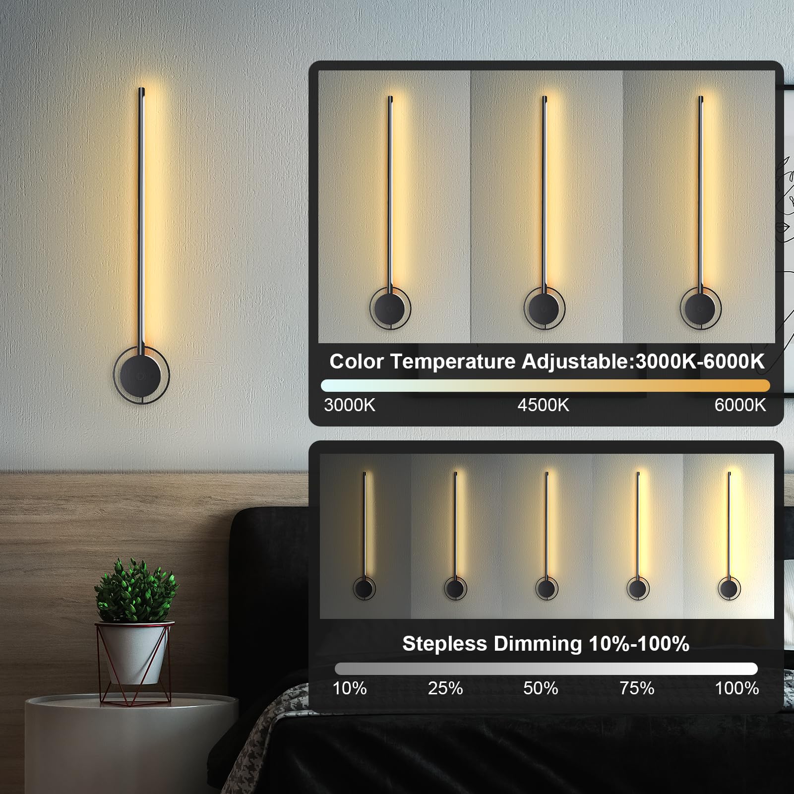 Swatia Wireless Wall Sconces Set Of Two, 23.6'' Rechargeable Art Display Light, 3 Color Temperature Dimmable With 350? Rotation