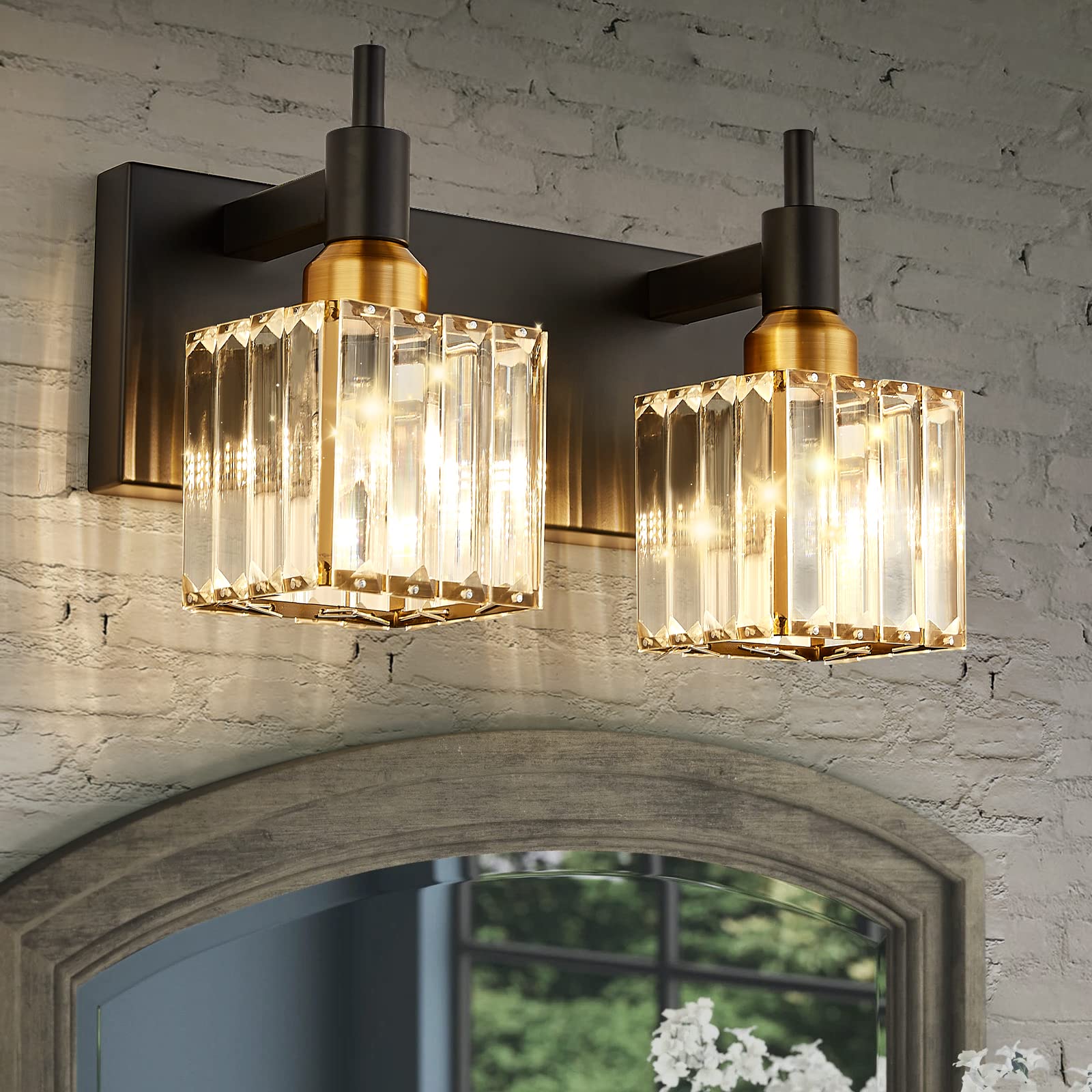 Huoku Modern Crystal Bathroom Vanity Light 2-Lights Black And Gold Bathroom Light Fixtures Over Mirror Bath Wall Sconce Lighting