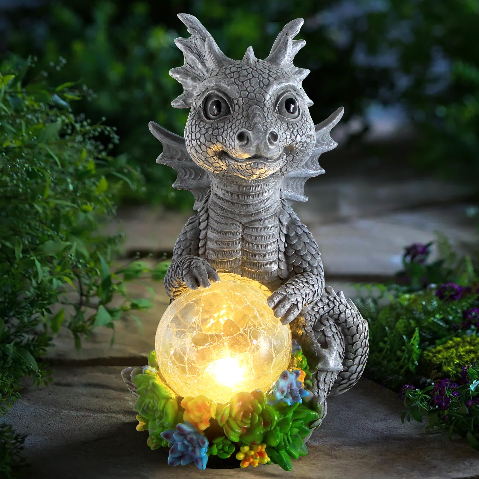 Sinhra Solar Garden Statue - Dragon Holding Magic Orb with Solar LED Lights - Outdoor Decor for Patio, Yard - Resin, Unique Gifts
