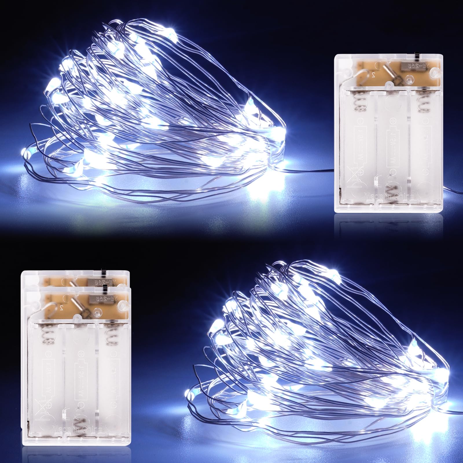 Timer Led String Light 2 Pack Mini Battery Powered Silver Wire Starry Fairy Lights Battery Operated Lights for Bedroom Christmas Parties Wedding Christmas Gift Decoration(5m/16ft Cold White)