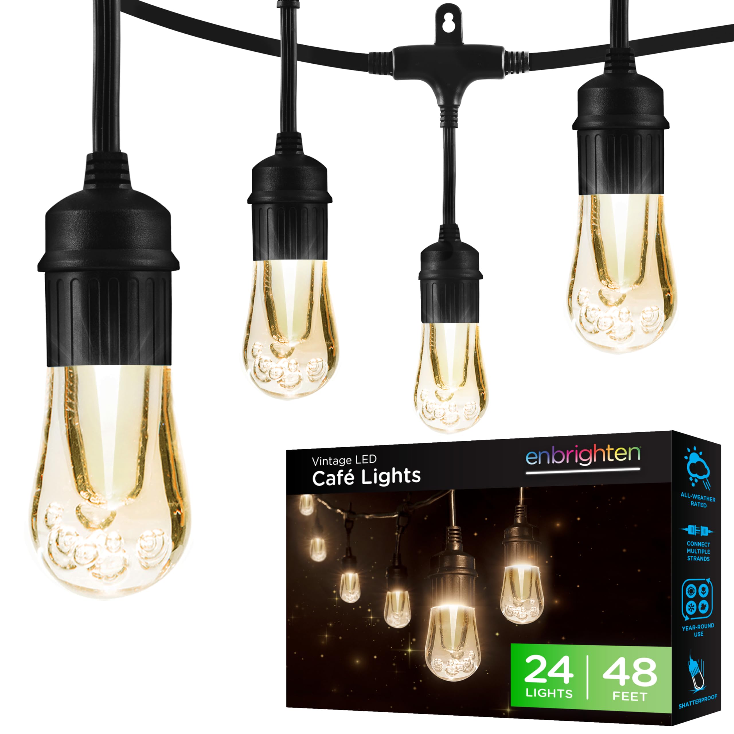 Enbrighten LED Outdoor String Lights, 48ft, Black Cord, Shatterproof Acrylic Bulbs, Waterproof, Model 35631