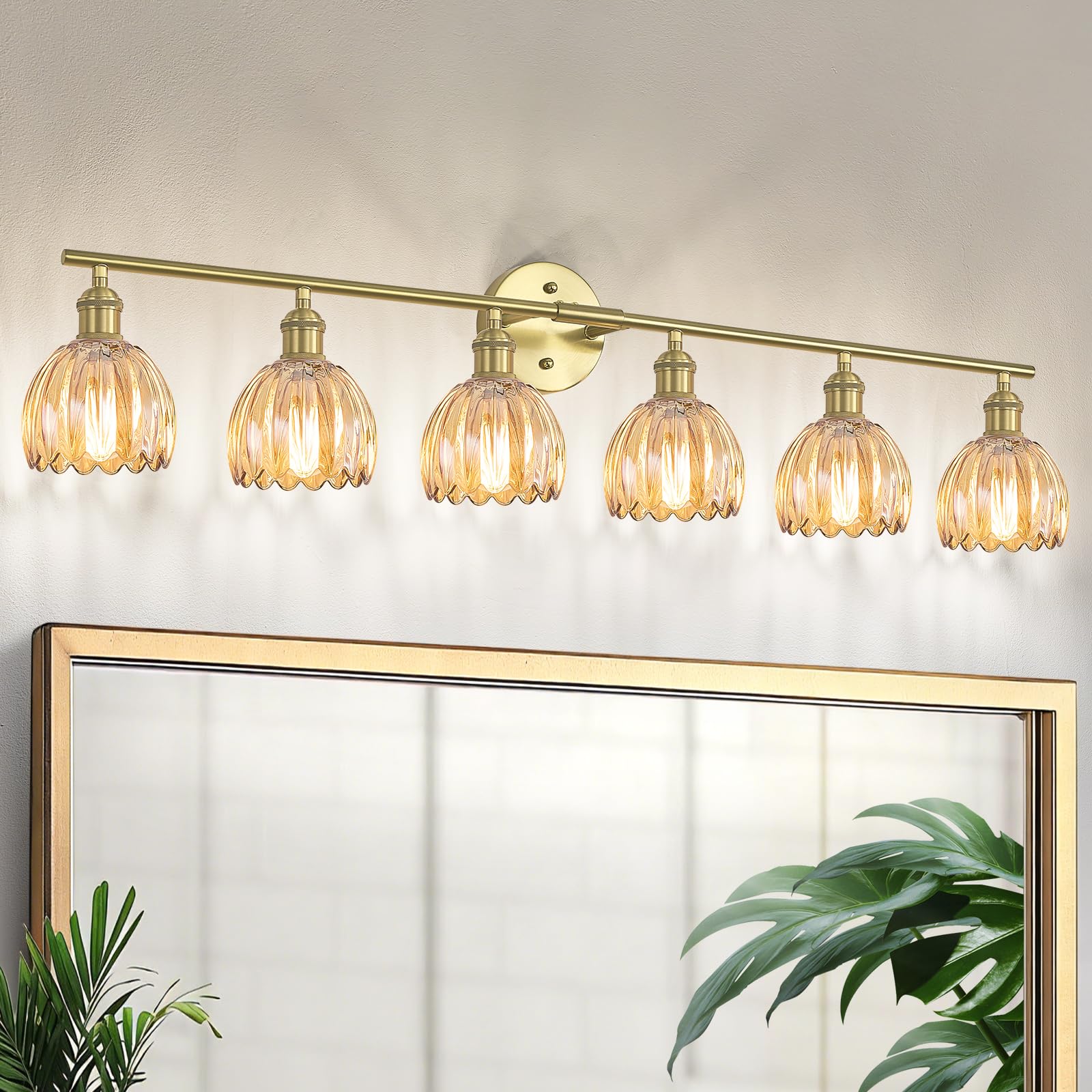 Kvhiiw Vintage Bathroom Light Fixtures,6-Light Hardwired Vanity Lights with Amber Tulip Glass Shade,Gold Bathroom Vanity Light f