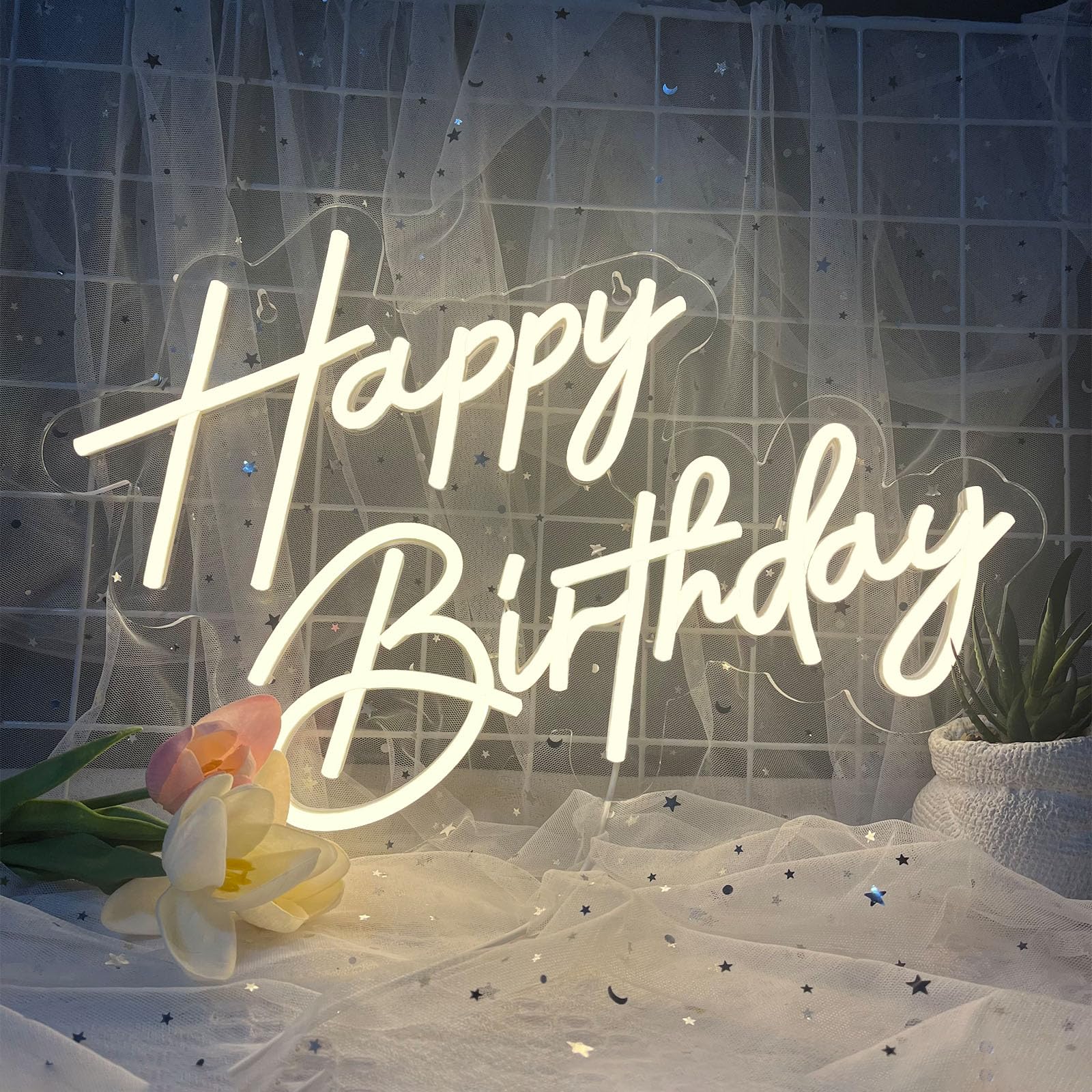 BerniceKelly Happy Birthday Neon Sign, Warm White LED Light, 17x12 Inch, Model AW-12, Wall Decor for Birthday Parties