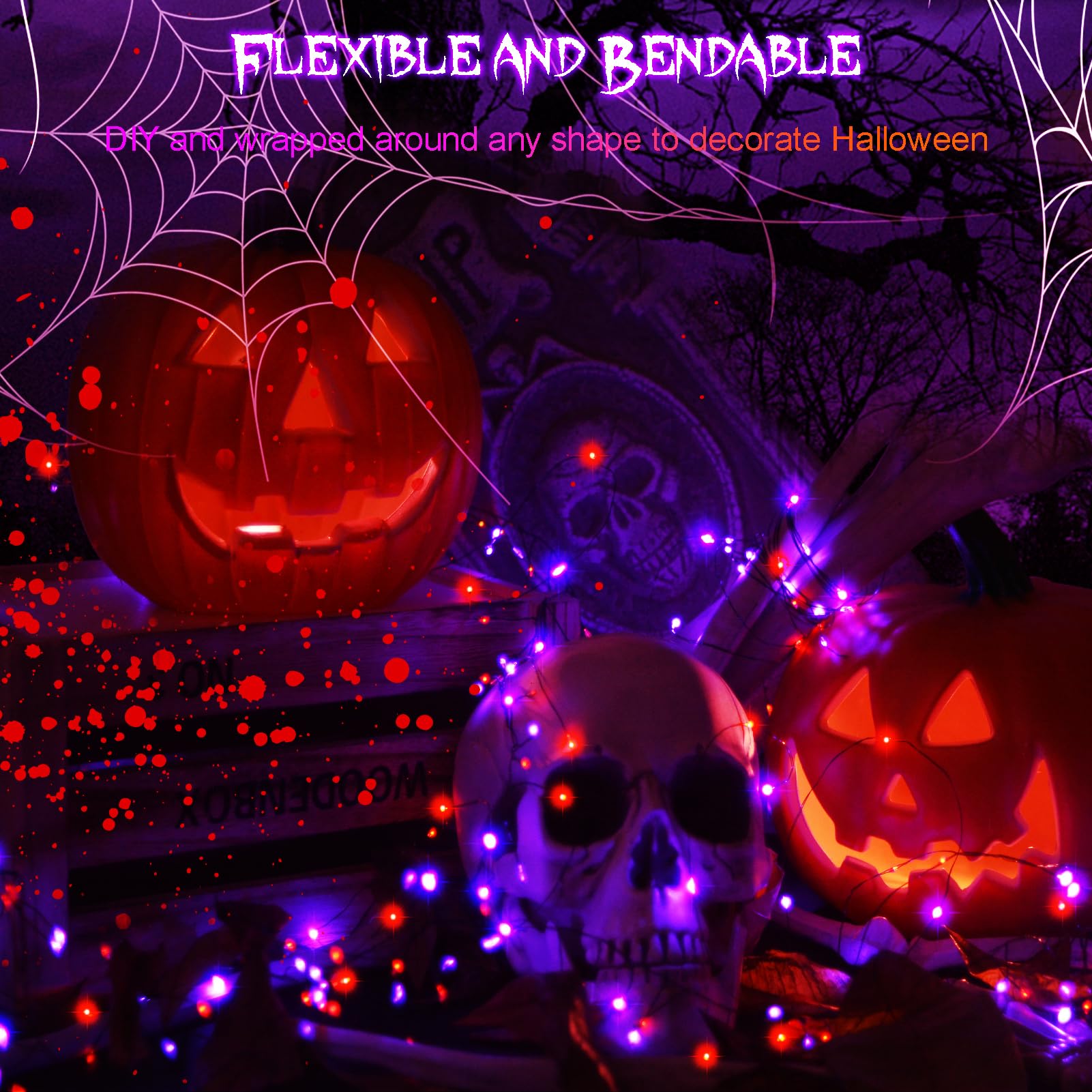 echosari 200 LED Halloween Fairy Lights, 66Ft Silver Wire, 8 Modes, Battery Operated, 2 Pack, Purple & Orange
