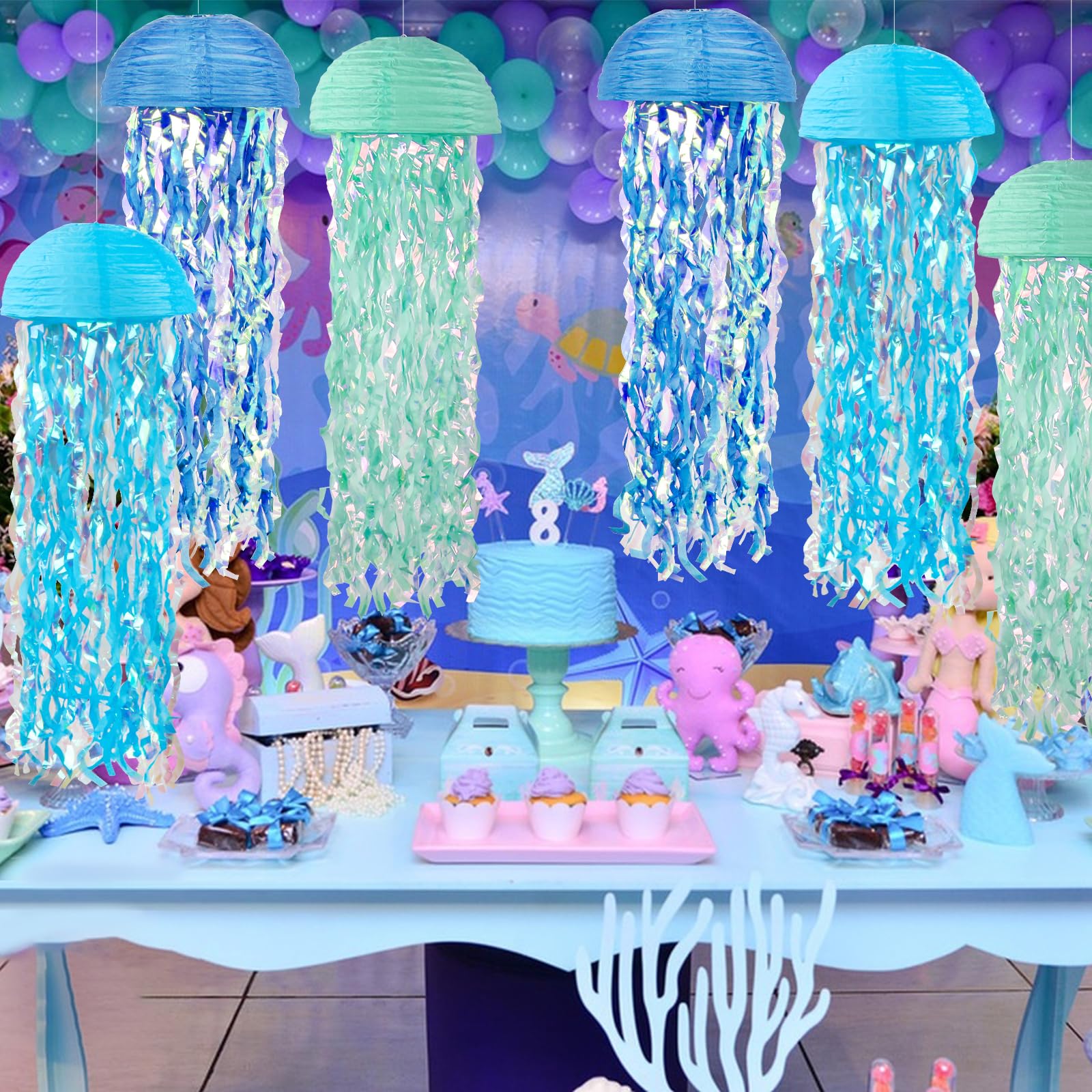 Jellyfish Paper Lanterns Hanging Jelly Fish Paper Lanterns, 6 Packs Blue Hanging Lantern For Mermaid Theme Party Under The Sea O