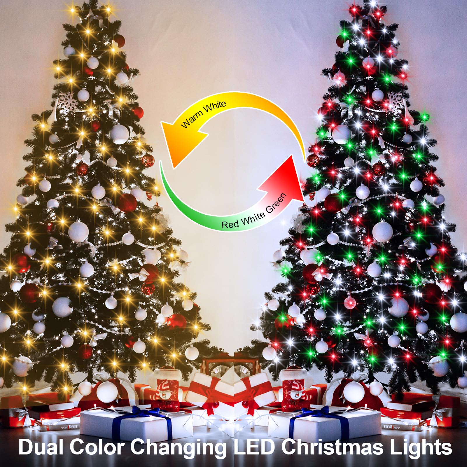 Echosari Battery Operated Christmas Red White Green String Lights, Dual Color Changing 100 Led Fairy Lights 33Ft With Remote Timer Christmas Lights For Xmas Tree Festive Decorations
