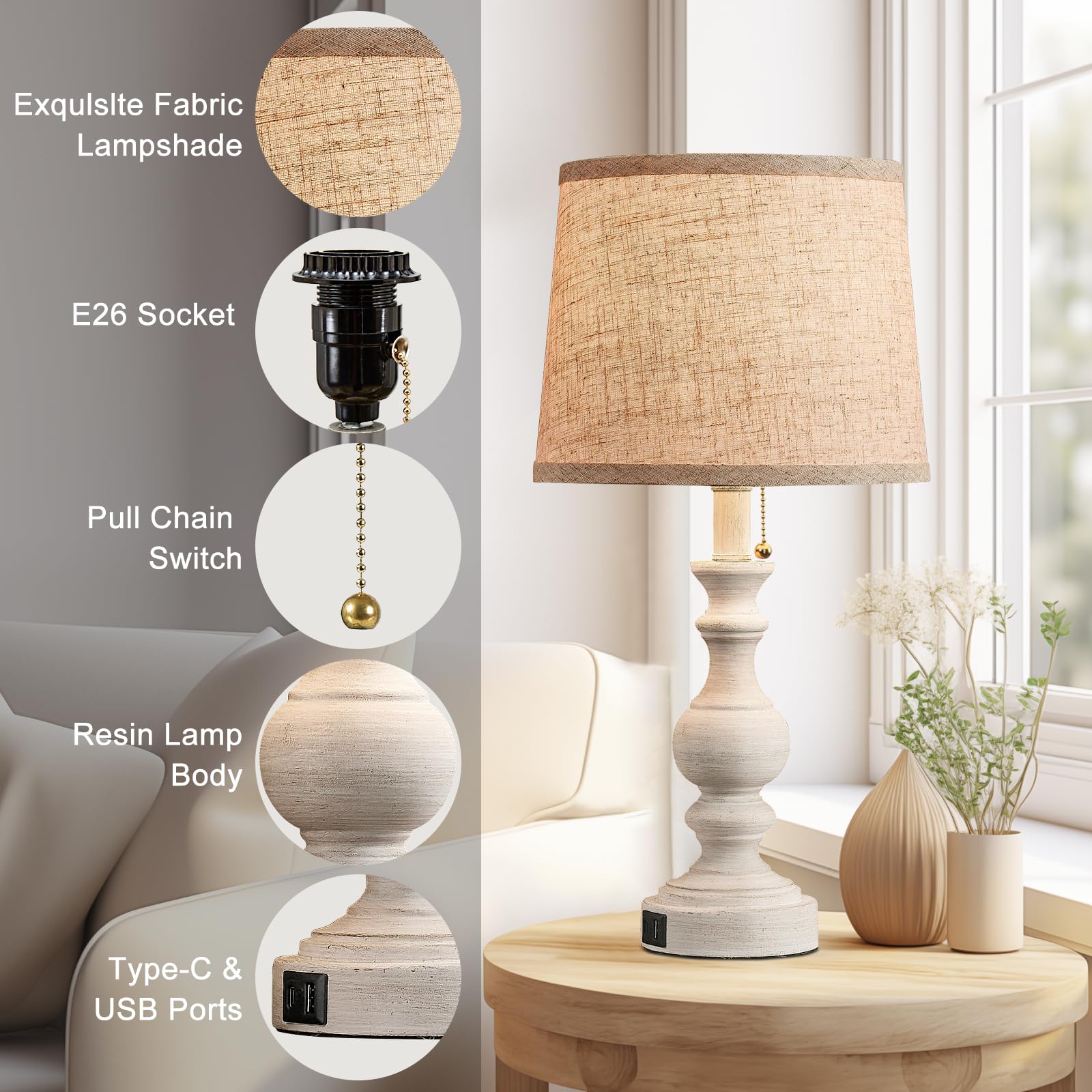Farmhouse Table Lamps For Bedroom Set Of 2 Bedside Lamps For Nightstand With Usb C+A Charging Ports Traditional Side Table Lamps