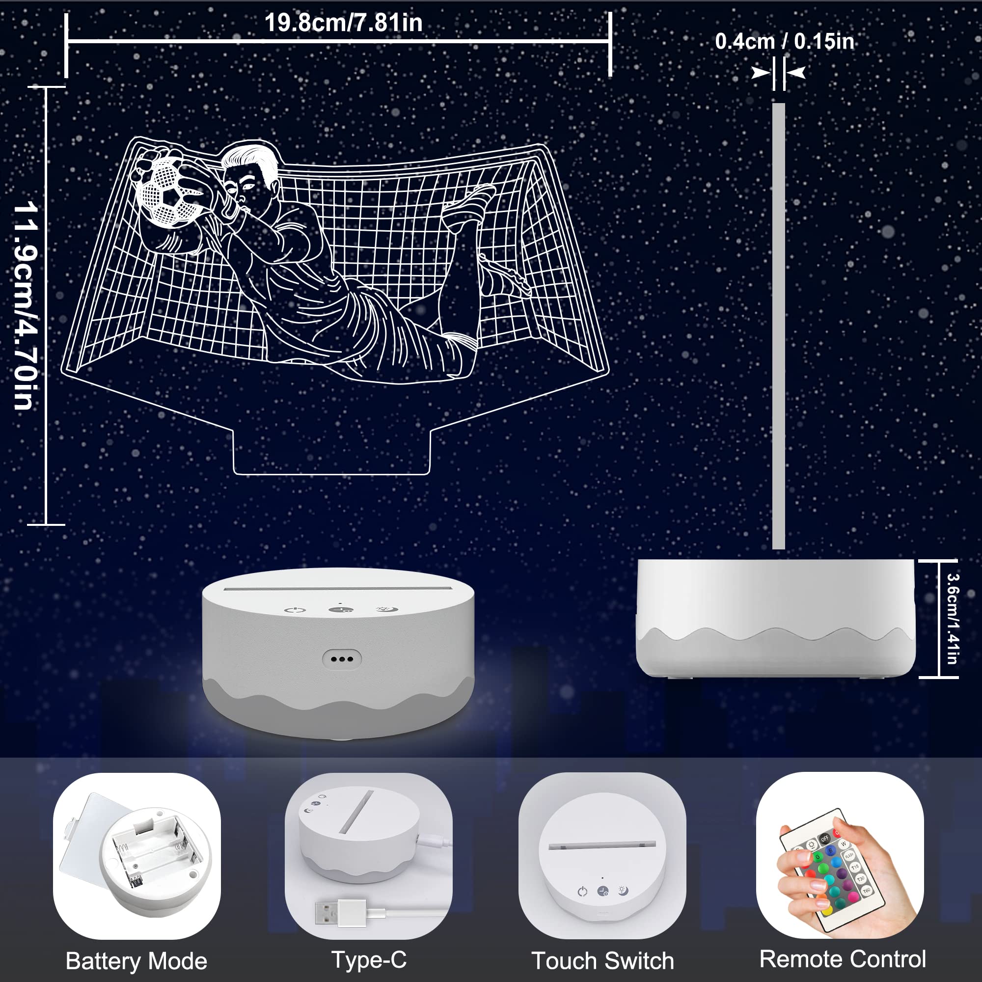 Ammonite Soccer Goalie Night Light - 3D Optical Illusion LED Lamp with Remote, 16 Color Changing, Perfect Gift for Sports Fans