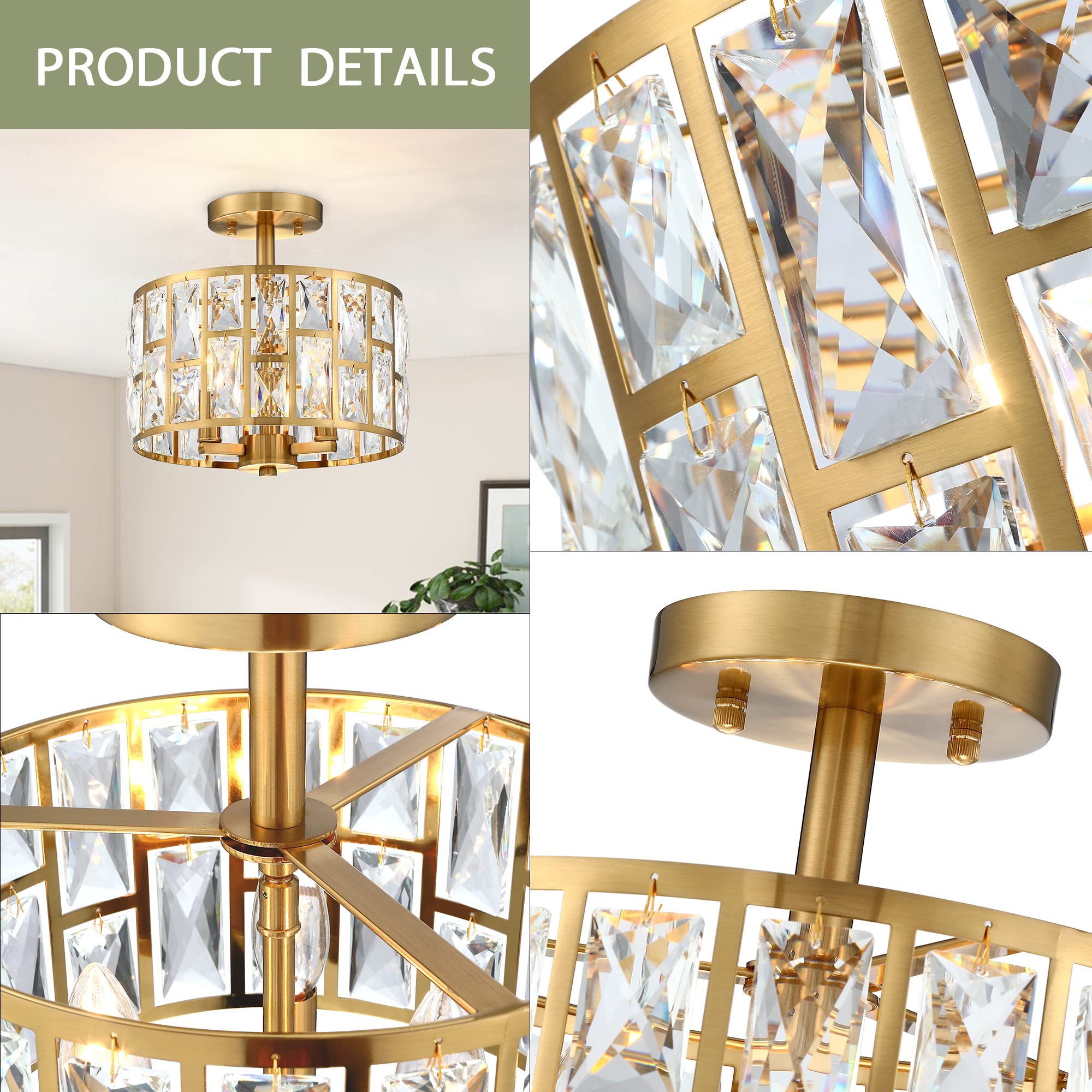 Mexo Gold Crystal 3-Light Semi Flush Mount Ceiling Light Fixture For Kitchen And Living Room